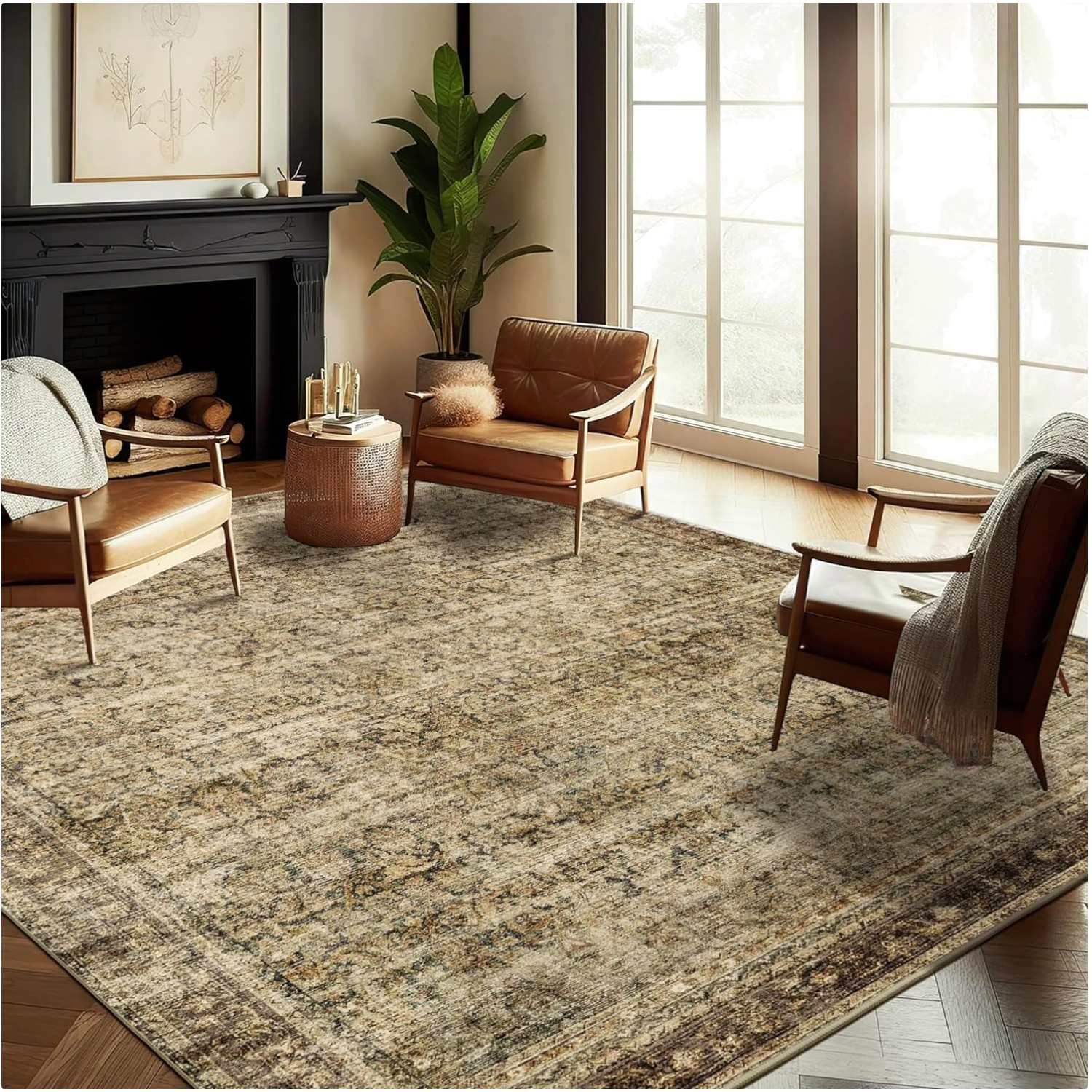 Washable 4×6 Distressed Carpet – Foldable Floral Accent for Living Room