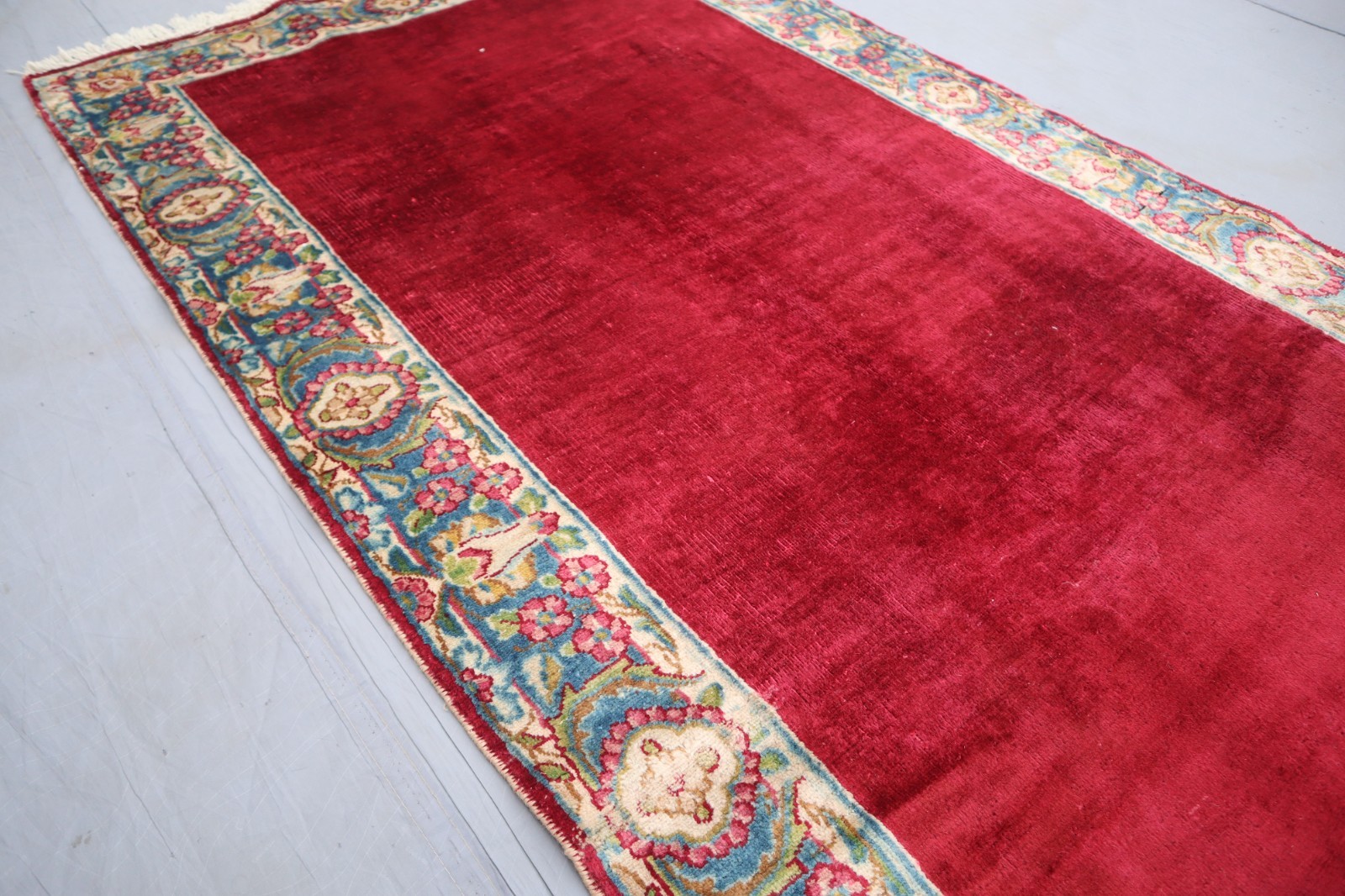1960s Antique 3×14 ft Red Blue Afghan Handmade Low Pile Caucasian Runner Rug