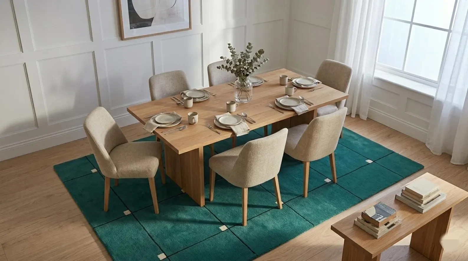 Modern Teal Green Geometric Wool Rug Hand Tufted Grid Pattern Area Rug Carpet