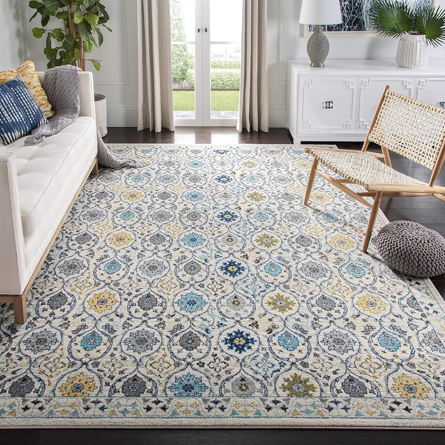 Evoke 9′ x 12′ Ivory/Blue Non-Shedding Area Rug for Home Decor