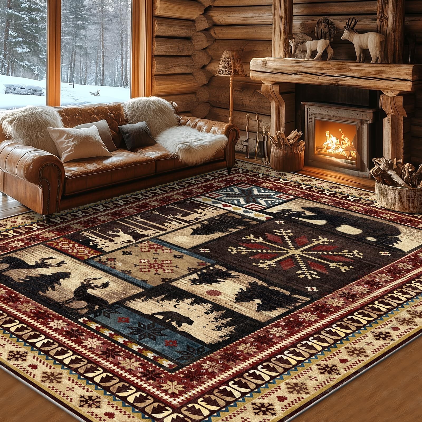 Rustic 5×7 Bear Area Rug – Non-Slip Washable Lodge Carpet for Living Room, Bedro