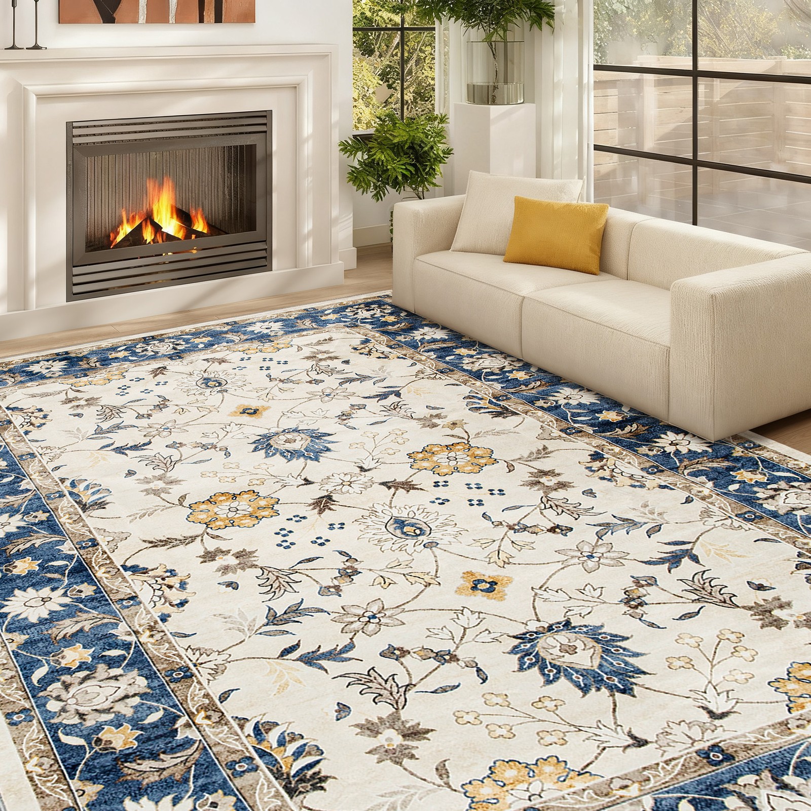 HOMCOM Machine Washable Area Rug 4×6, Boho Floral Print Carpet, Blue