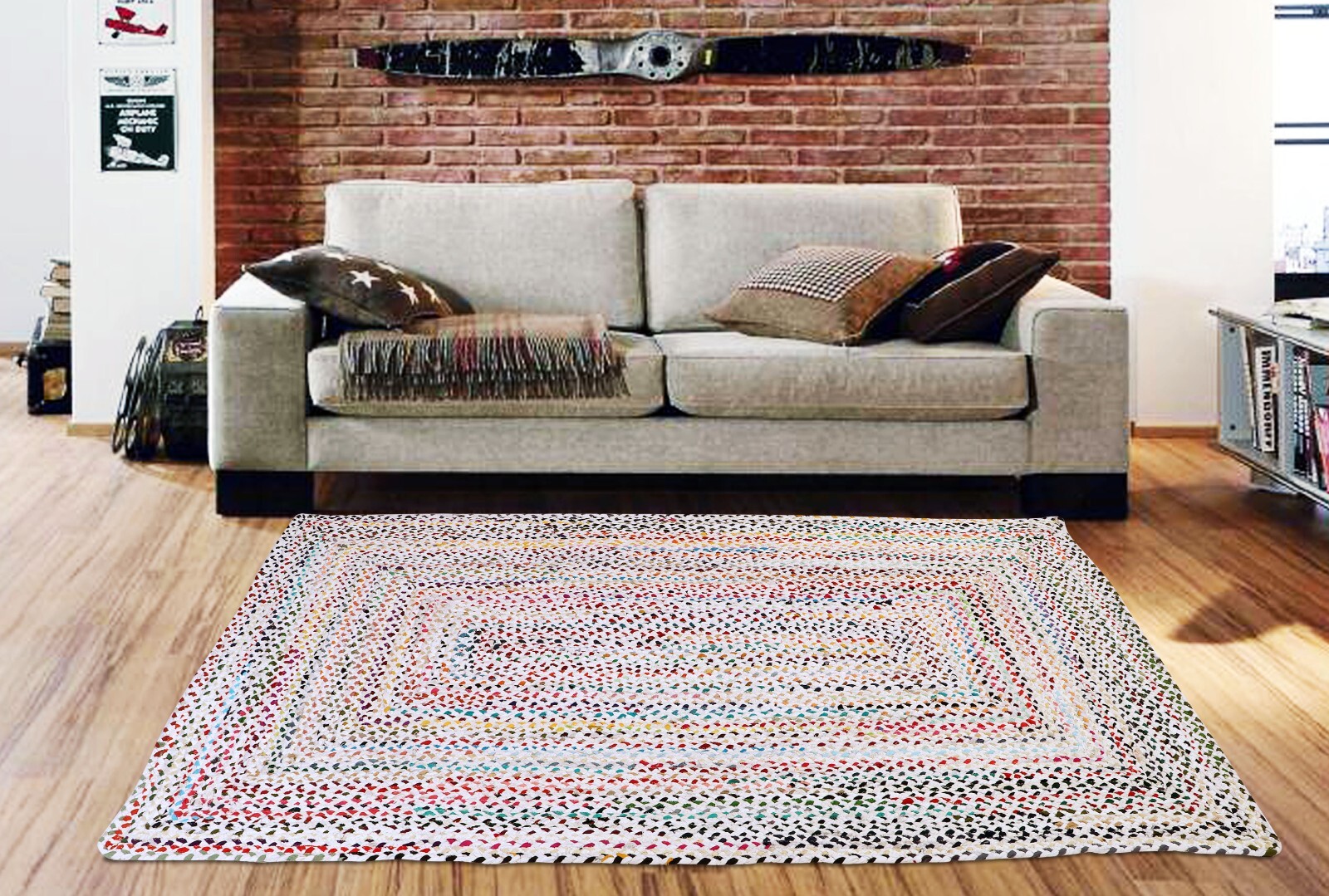 Handmade Bohemian Braided Cotton Chindi Area Rug in Ivory and Multicolor
