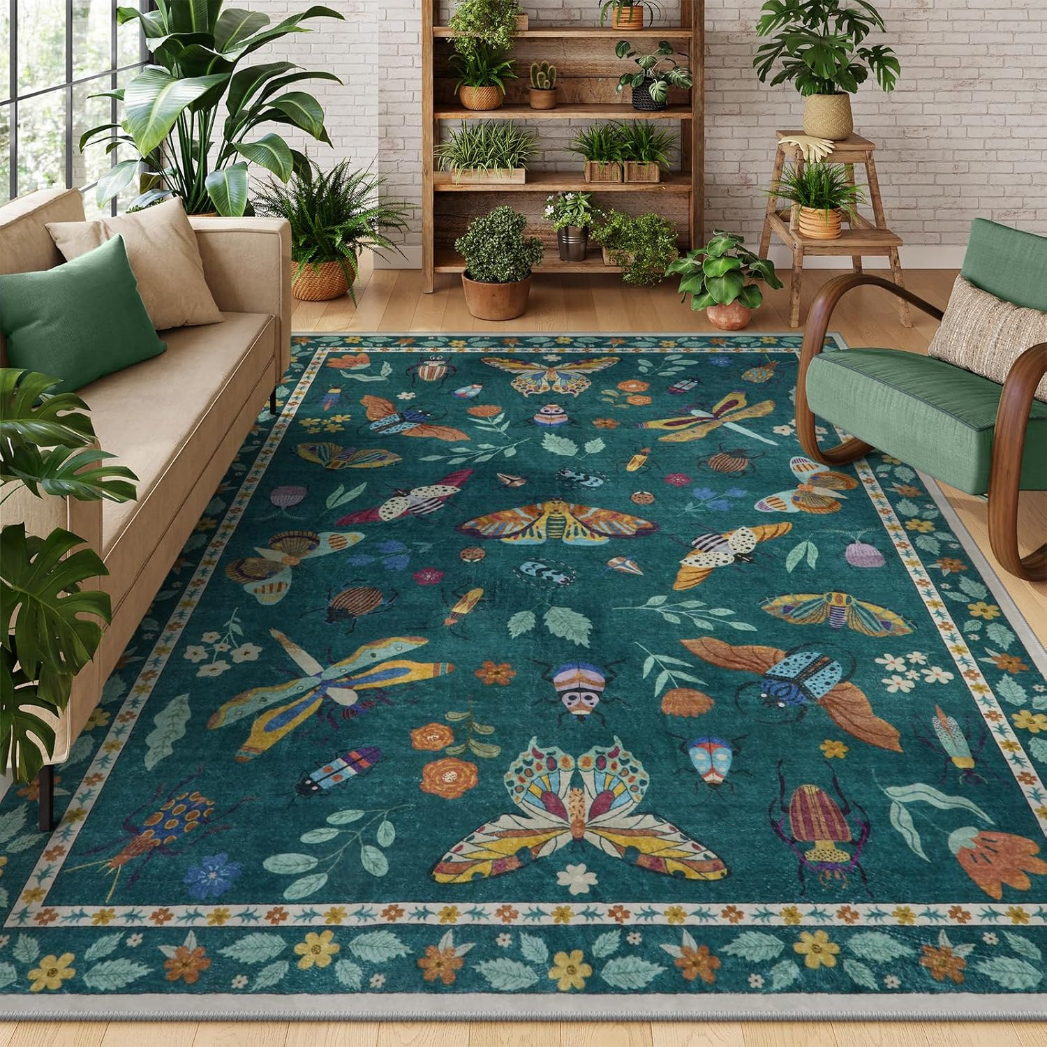 Insect Print 5X7 Dark Green Area Rug – Soft, Washable, Non-Slip, Stain Resistant