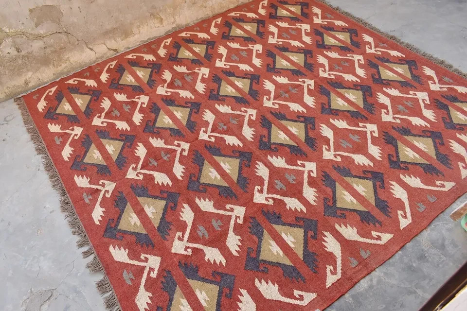 Peruvian Wool Jute Area Rug, Handmade Flatweave Rug, Navajo Rug, Dining Room Rug