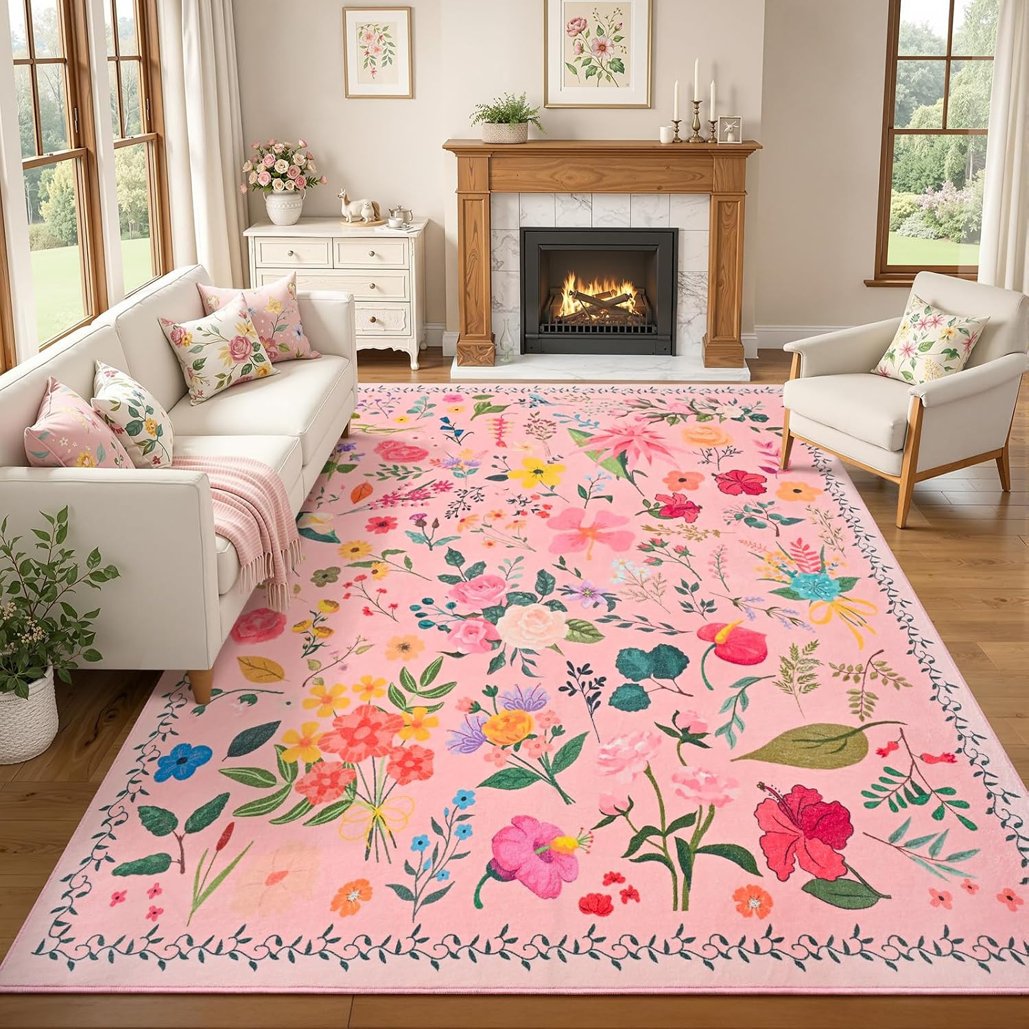 5X7 Area Rug for Living Room,Washable Rugs for Bedroom Dorm,Pink | Floral Rugs w