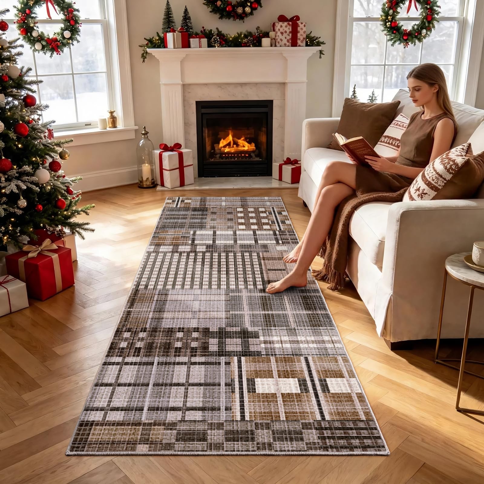 Washable Runner Rug 2×6, Non-Slip Plaid Carpet, Caramel Brown