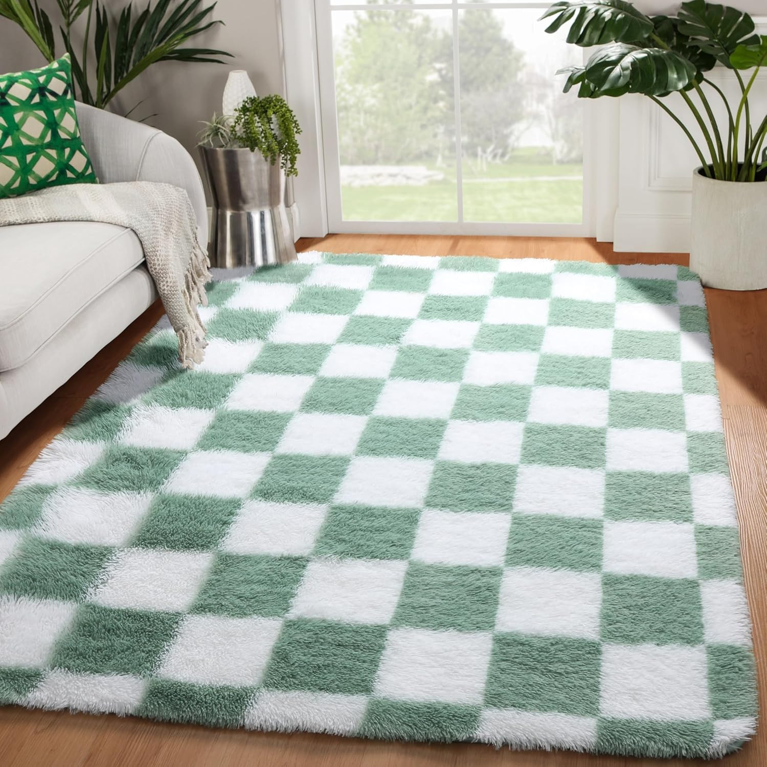 4X6 Rug for Bedroom Living Room, Fluffy Sage Green and White Checkered Area Rugs