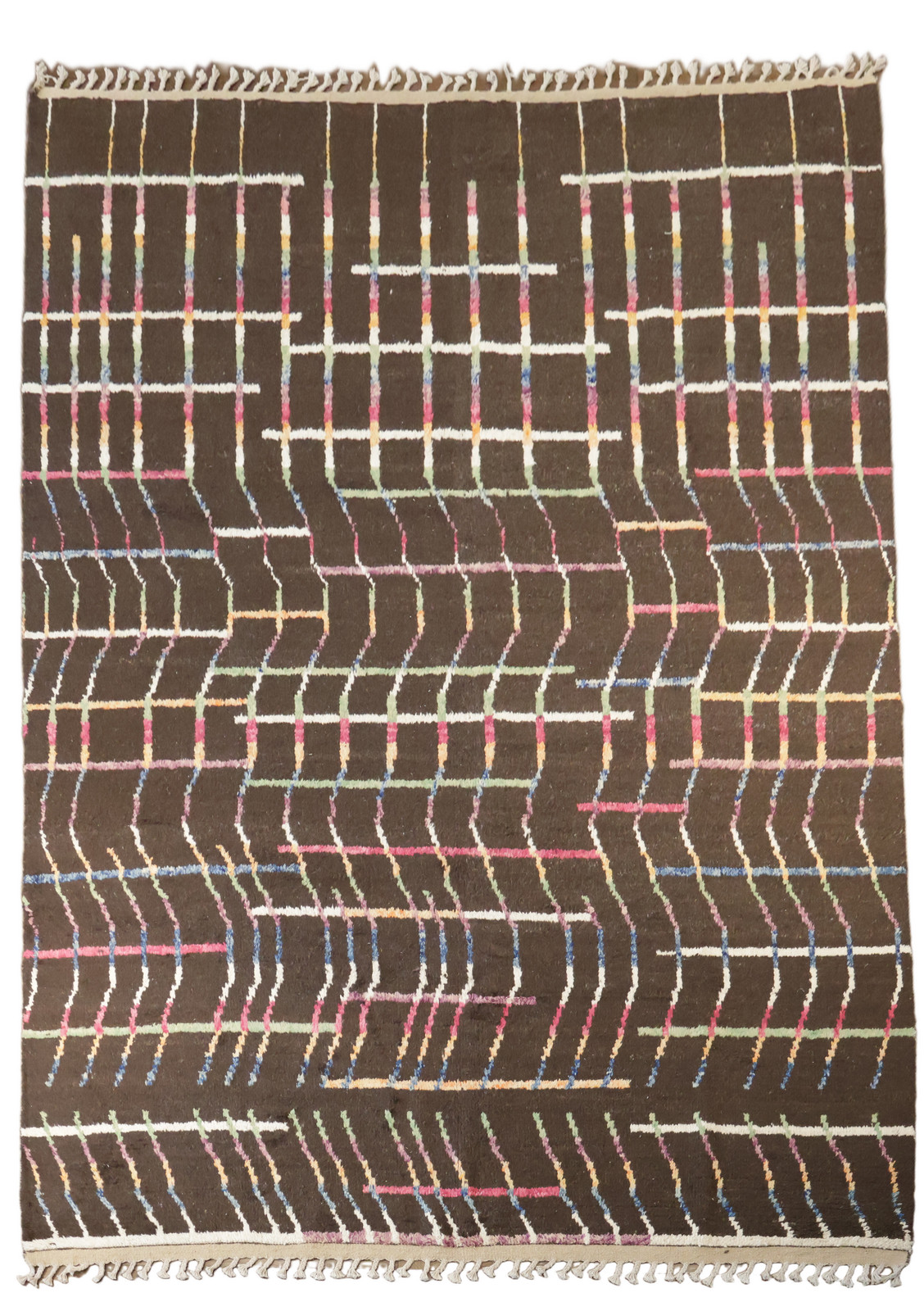Moroccan Brown Line Patterned 9×13 Hand-Knotted Wool Area Rug