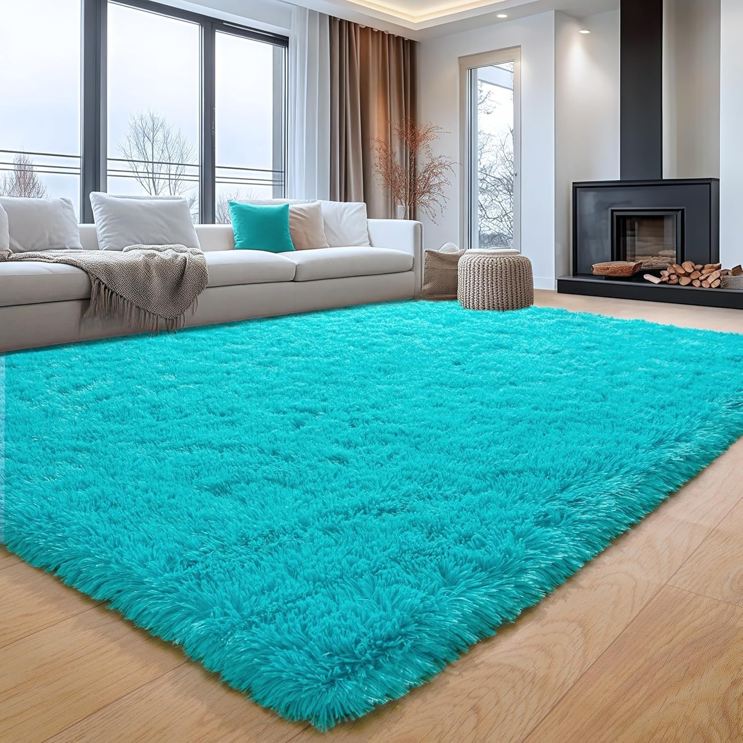 Fluffy Area Rugs Teal Blue Soft Plush Shag Carpet for Living Room Bedroom Floor