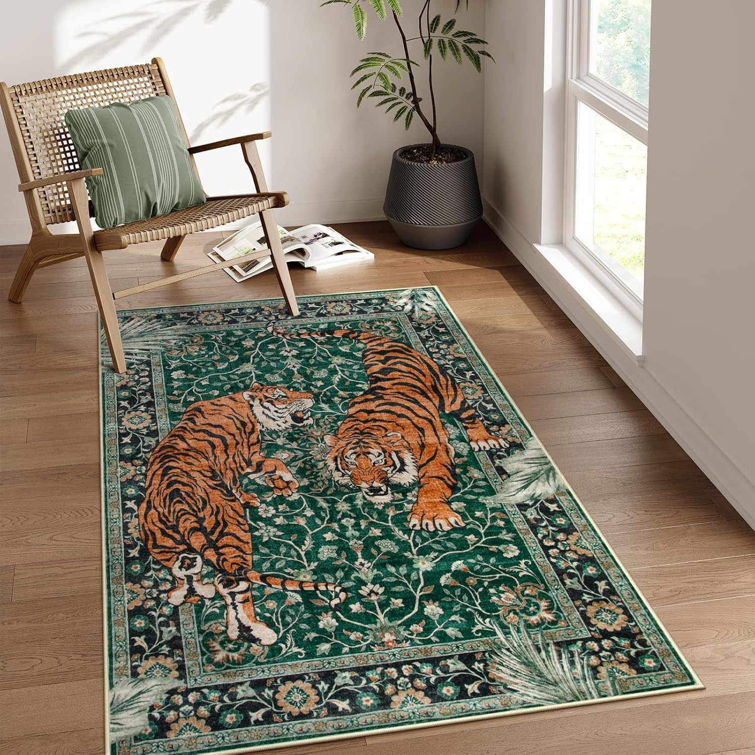 Tiger 3X5 Washable Rug, Boho Area Rugs for Entryway, Green Non Slip Small Rug fo