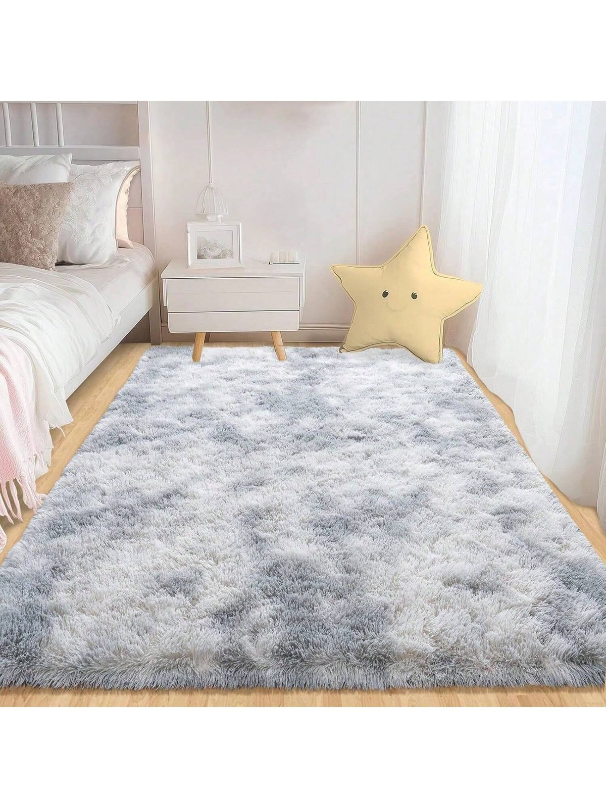 Tie-Dye Silver Gray Fluffy Shaggy Area Rug Super Soft Plush Non-Slip 4×6 5×7