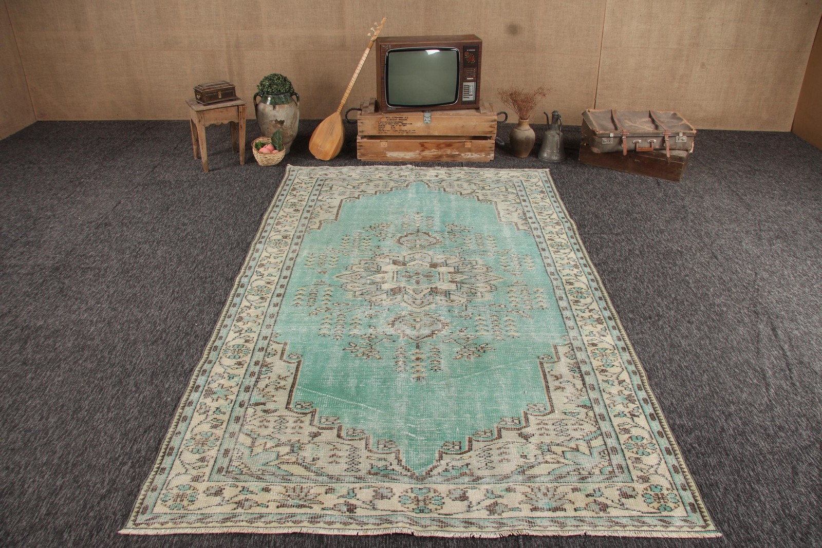 Turkish Vintage Rug 5,9×10,1 ft (181×308 cm), Blue Solid Wool Rug