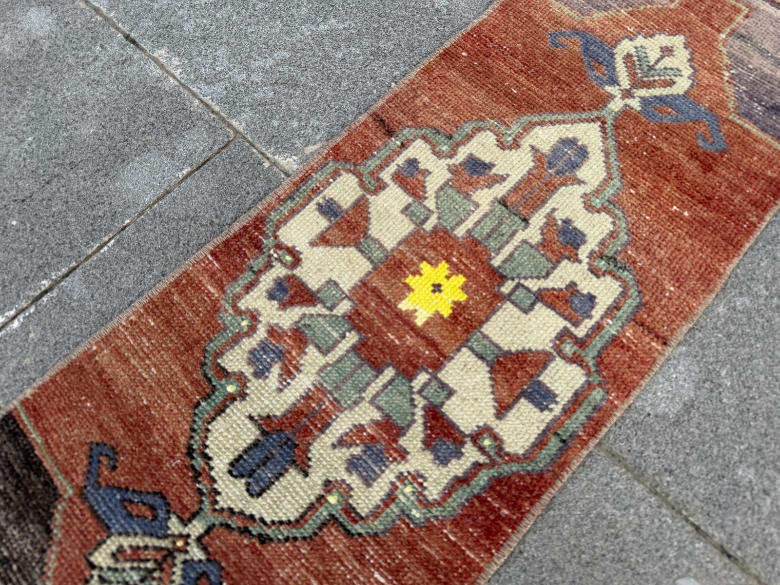 Small Vintage Turkish Rug 1.1×3.3 ft Terracotta Yellow Long Kitchen Entry Mat