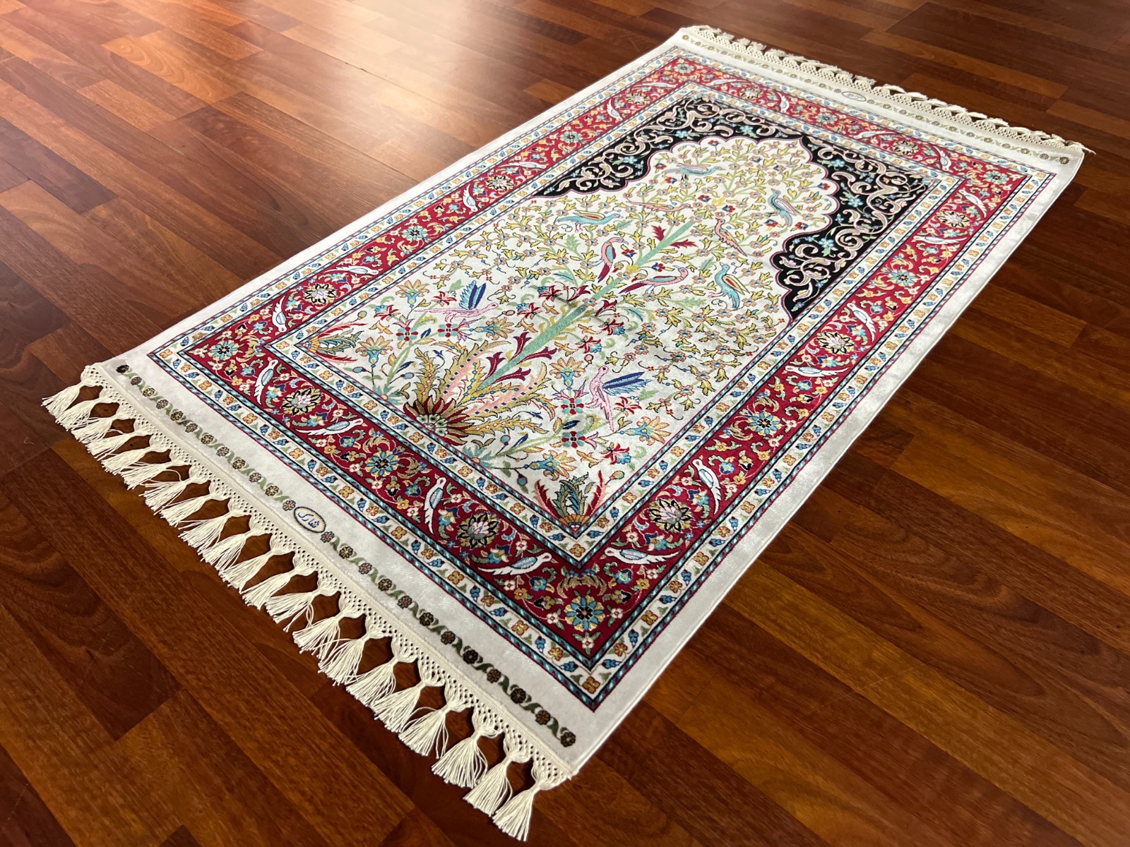 3×5 ft Muslim Gift Silk Prayer Rug Muslim Gift Rug Janamaz Beige Prayer Mat