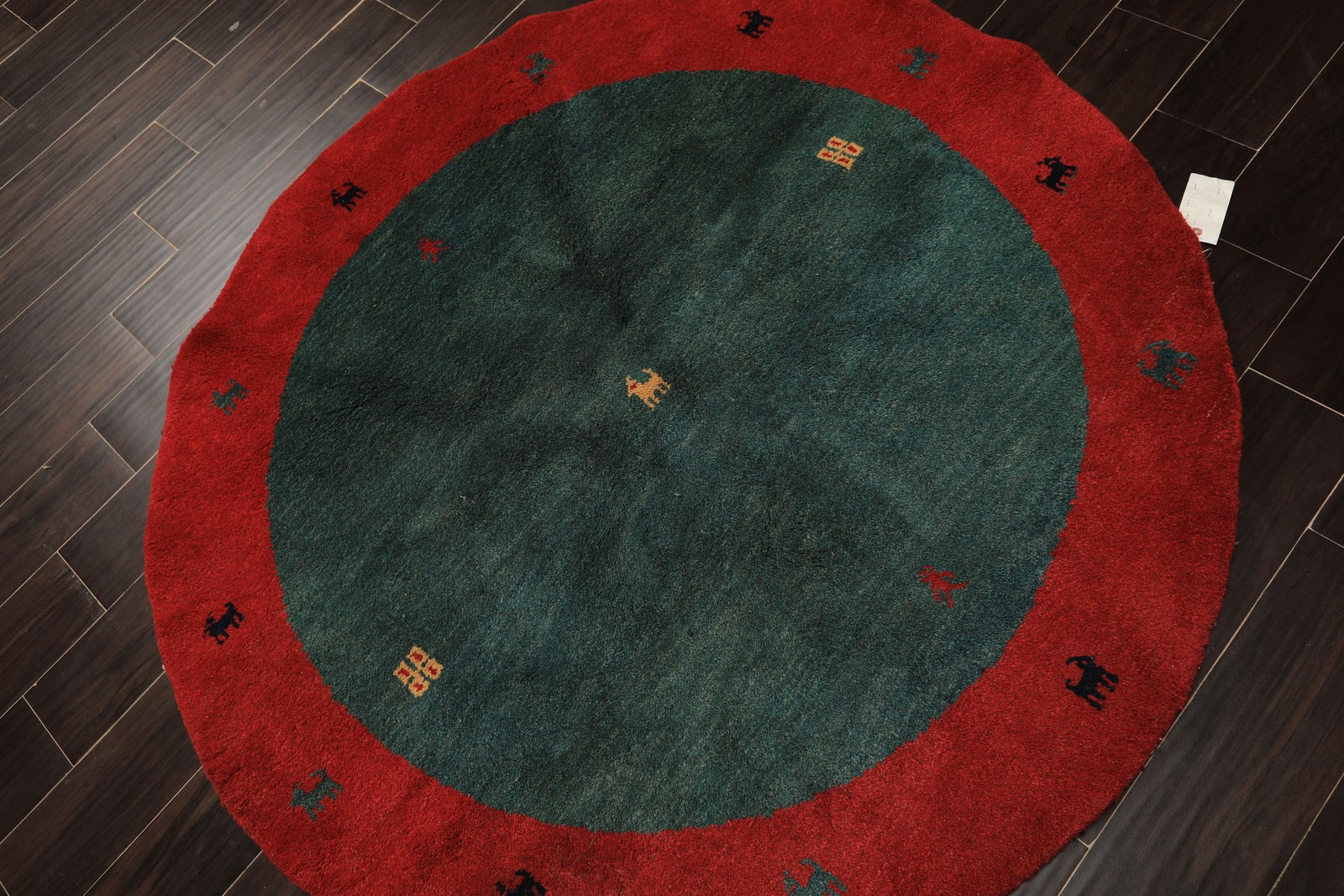 5×5 Round Hand Knotted Wool Green Red Gabbehh Modern Pictorial Plush Pile Rug