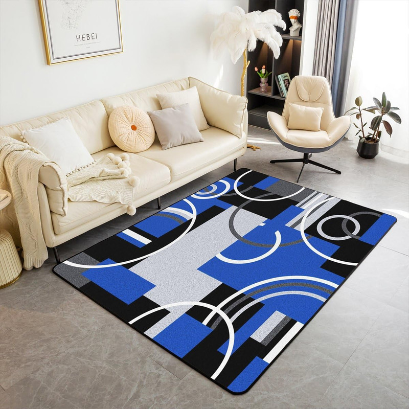 Erosebridal Royal Blue Black Grey Rug 5X7 Swirls Spiral Non Slip Area Rug For