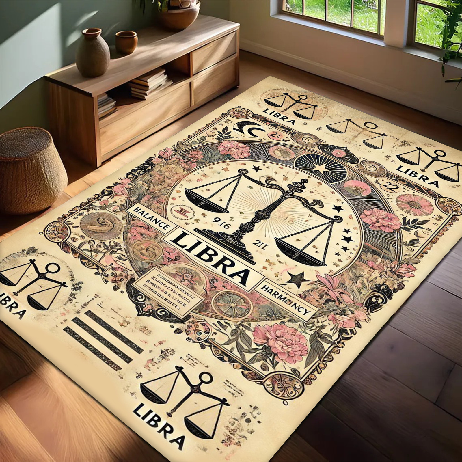 Vintage Zodiac Area Rug with Libra Symbols and Floral Balance Theme for Decor