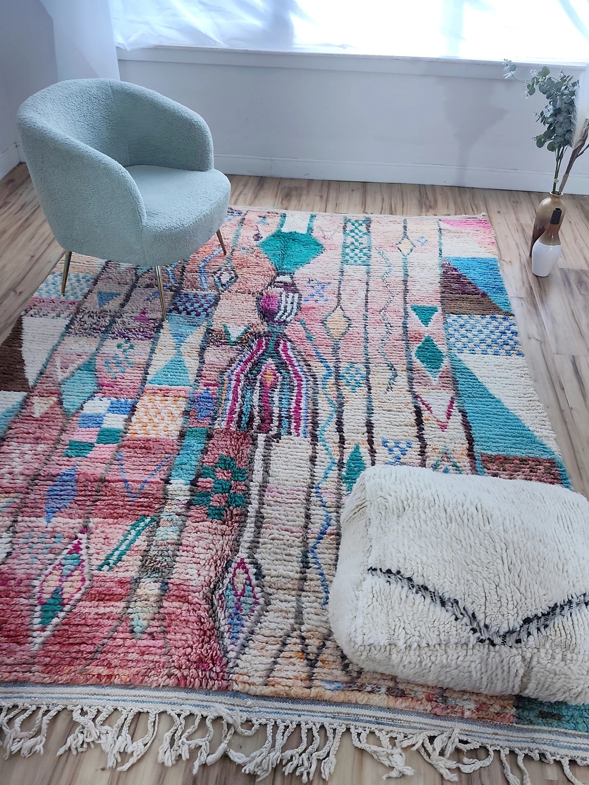 Handmade Moroccan Boujaad Rug 9’7″ x 6’7″ Pink Turquoise Patchwork Wool Rug