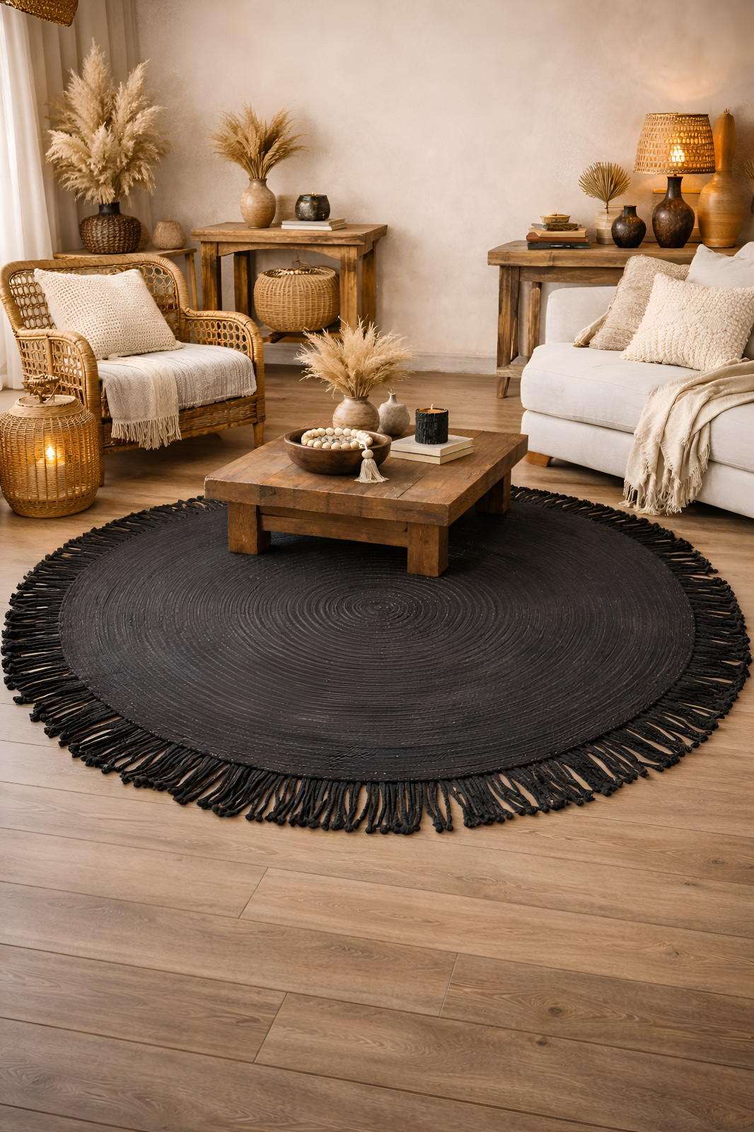 Round Rug Black Jute Farmhouse Natural Carpet Braided With Tassel Reversible Mat