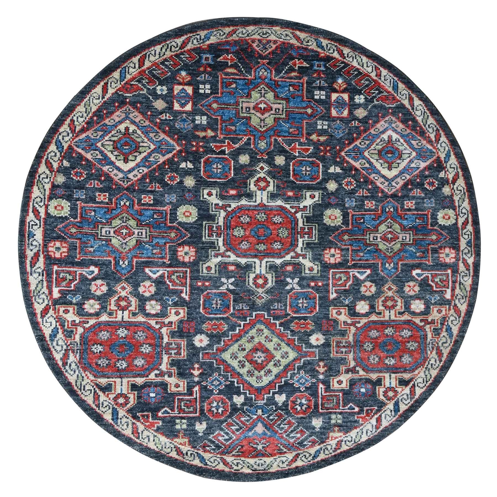 7’9″x7’9″ Black Karjihooz Heris Pure Wool Hand Knotted Round Oriental Rug R84319
