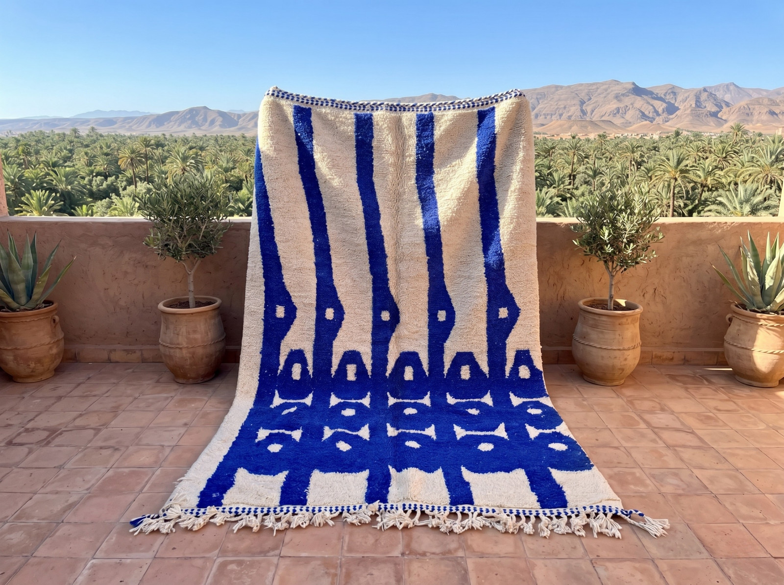 Moroccan Beni Ourain Wool Rug Handmade Blue Ivory Boho Berber Carpet Custom Size