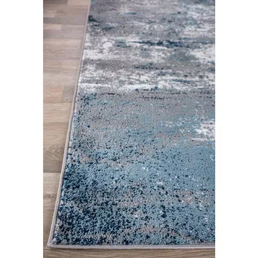 Distressed Modern Abstract Watercolor Blue 5 Ft. X 7 Ft. Area Rug