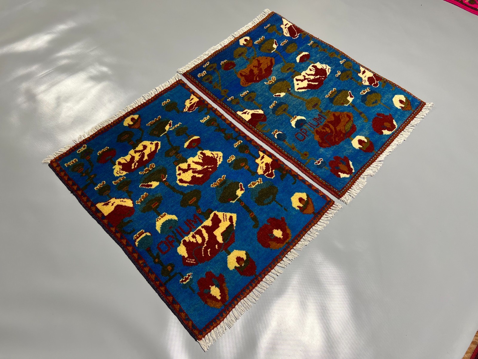2×2 Set of 2 Afghan Blue Poppy Rugs Handmade Wool Opium Floral Tribal Accent