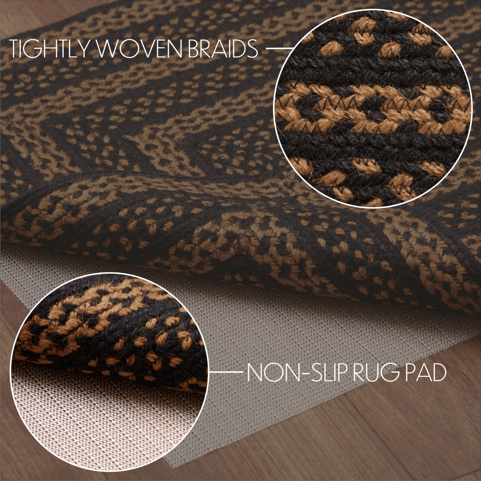 Black & Tan Rectangle Braided Area Rug Country Farmhouse-Style w/ Non-Slip Pad