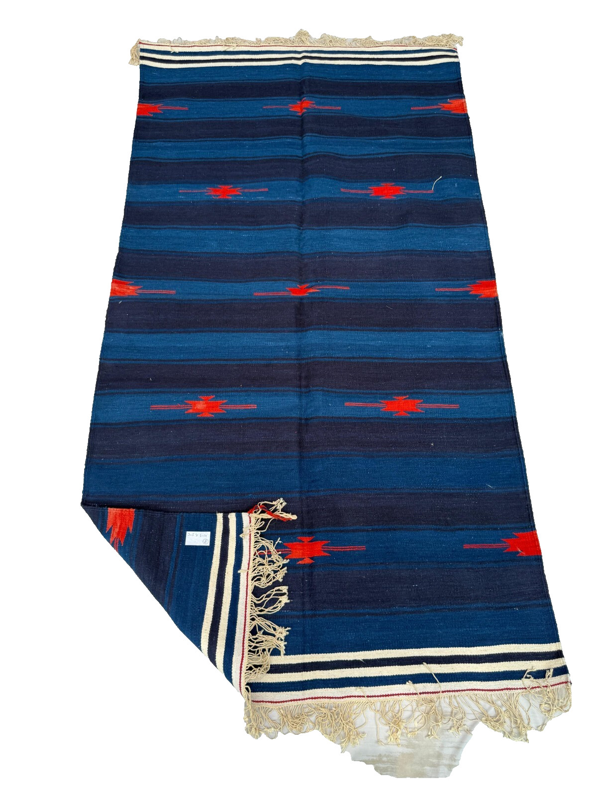 Vintage Indian Handwoven Cotton Rug | Tribal Dowry Textile | Blue & Red