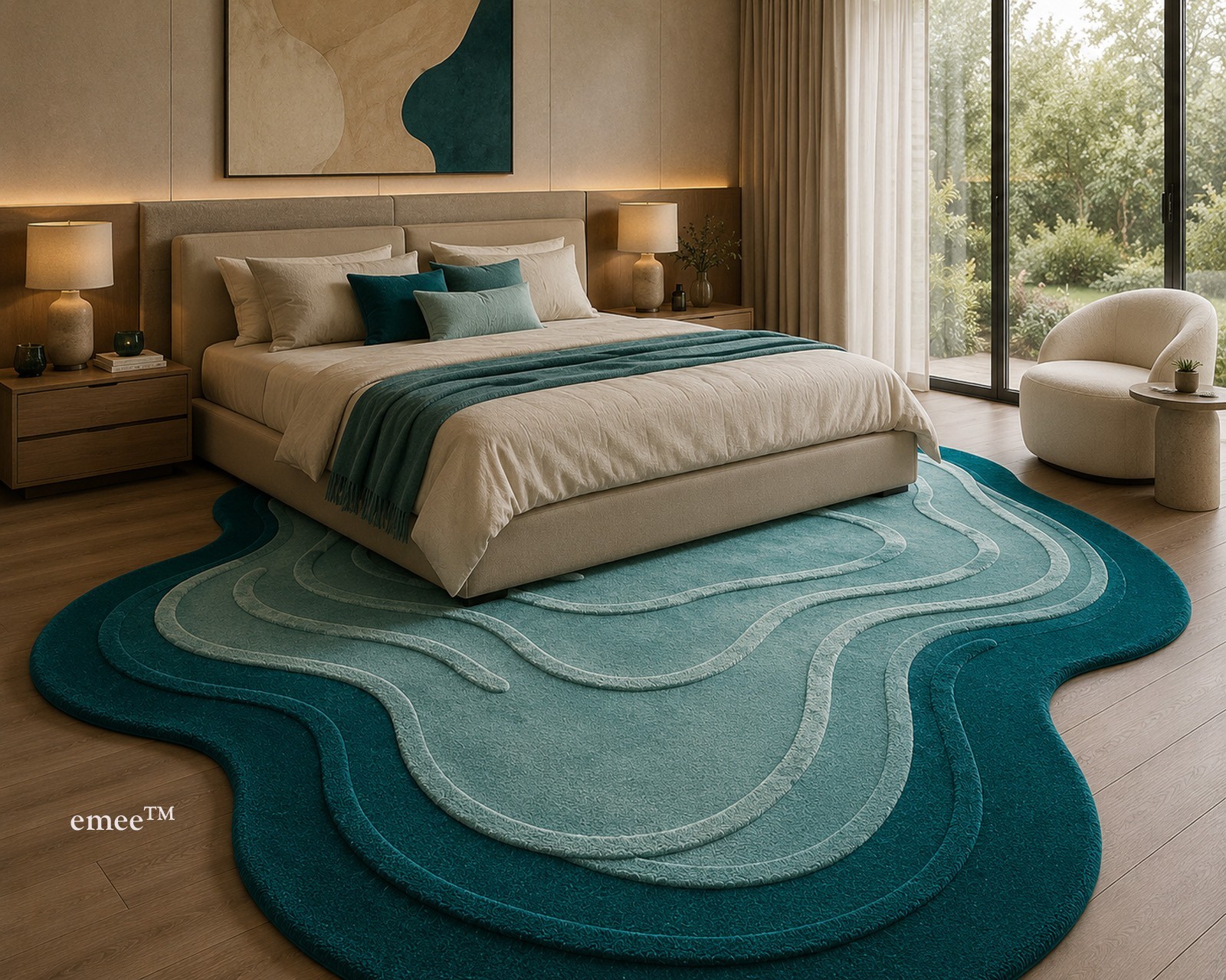 Modern Flower Shape Hand Tufted Wool Area Rug Teal Pink Sage Green Carpet