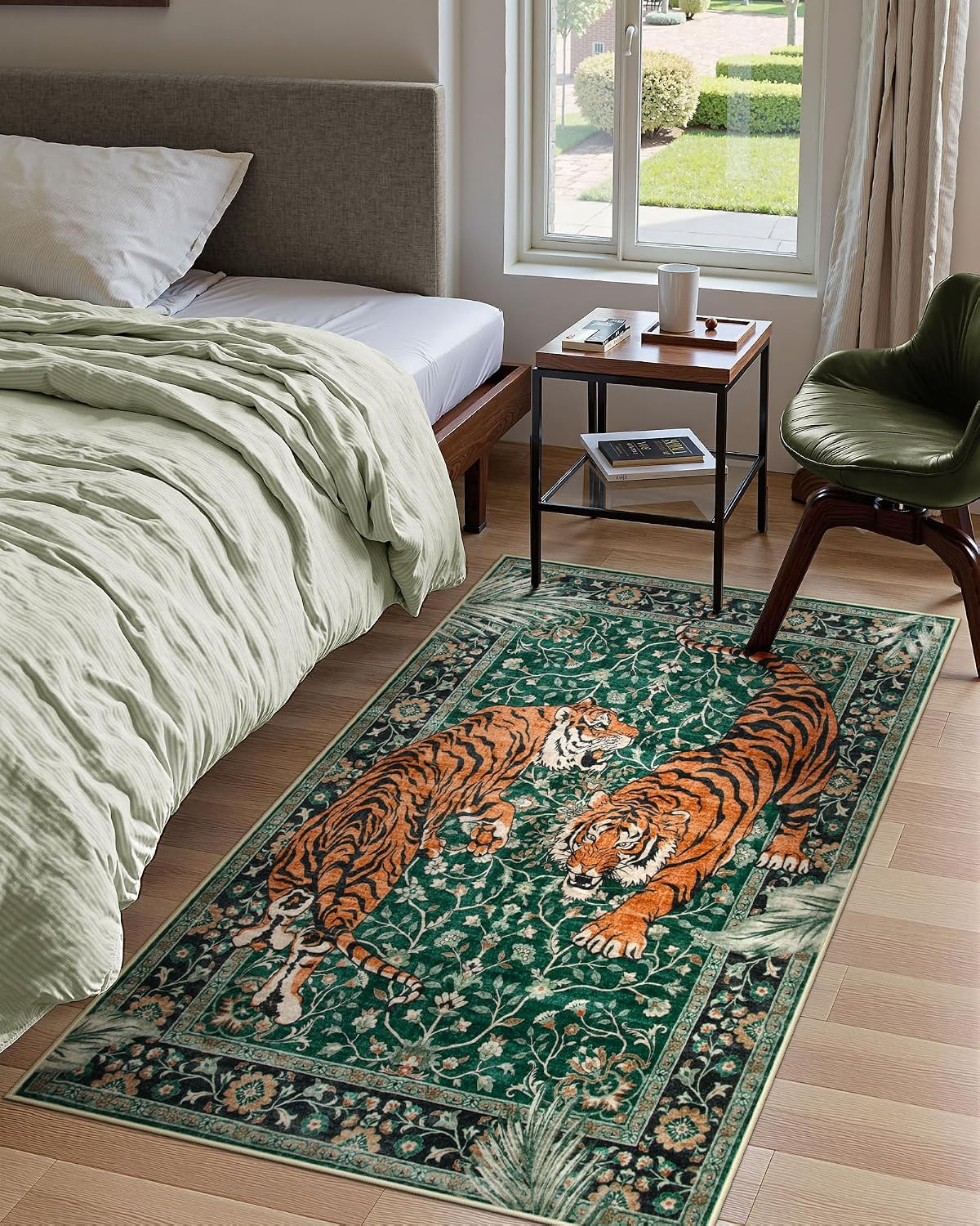 Tiger 3X5 Washable Rug, Boho Area Rugs for Entryway, Green Non Slip Small Rug fo