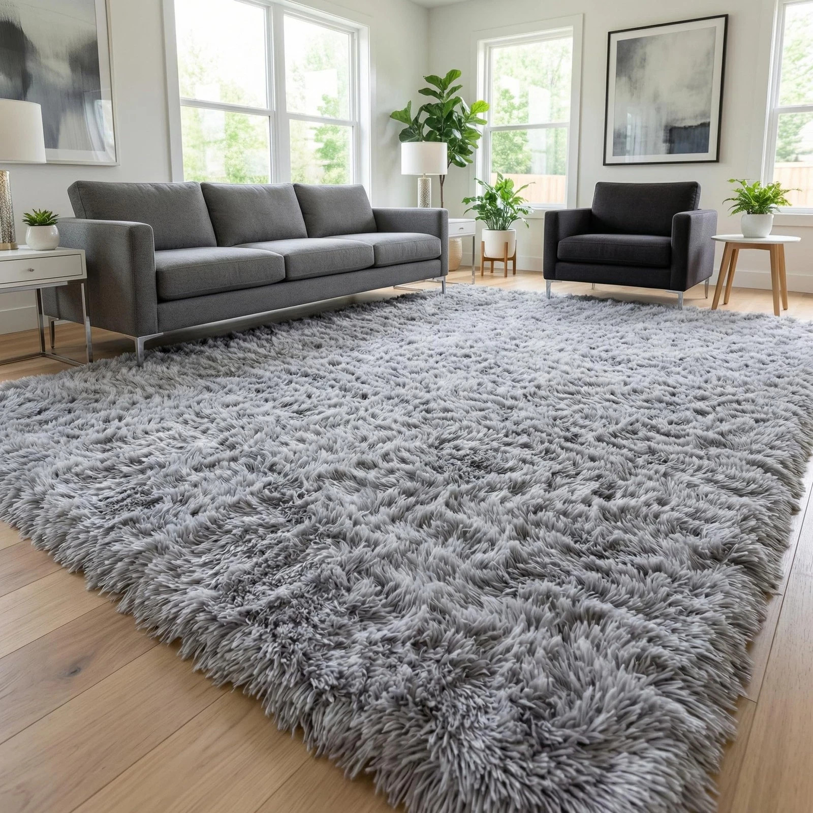 Fluffy Rugs for Living Room: Grey Soft Shag Rug 7′ x 10′ (Rectangular),