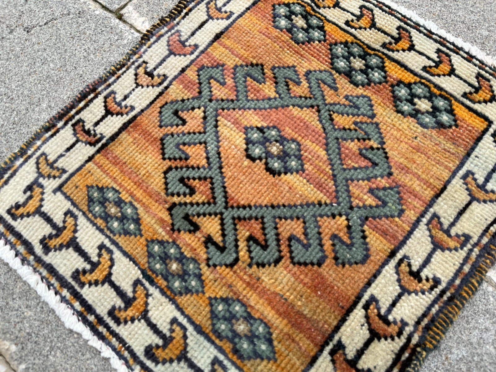 1.2×1.4 ft Vintage Oushak Mini Rug Orange Sage Green Tribal Accent