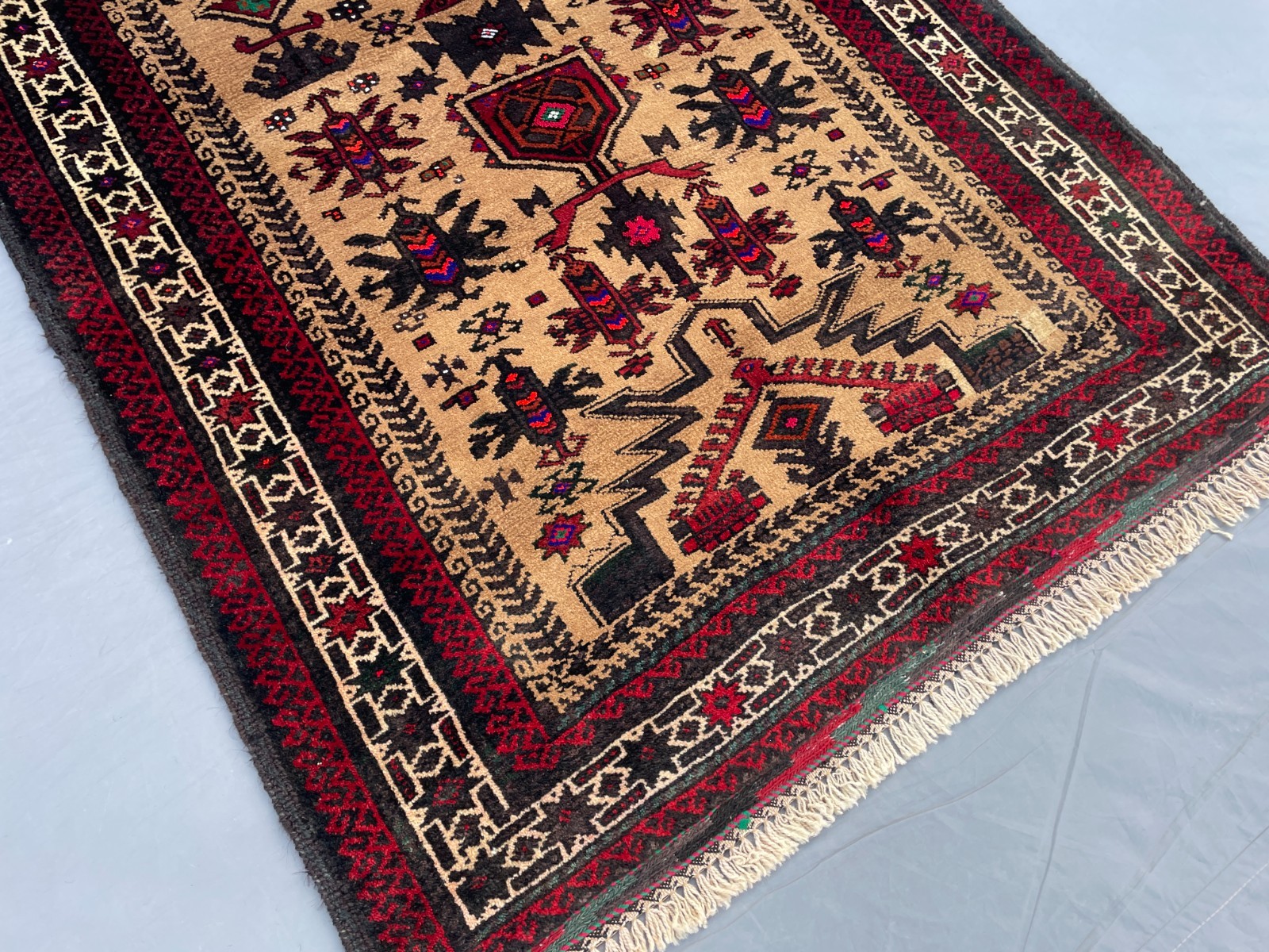3×4 Handmade Baluchi Tribal Rug Afghan Wool Carpet Beige Red Geometric Nomad