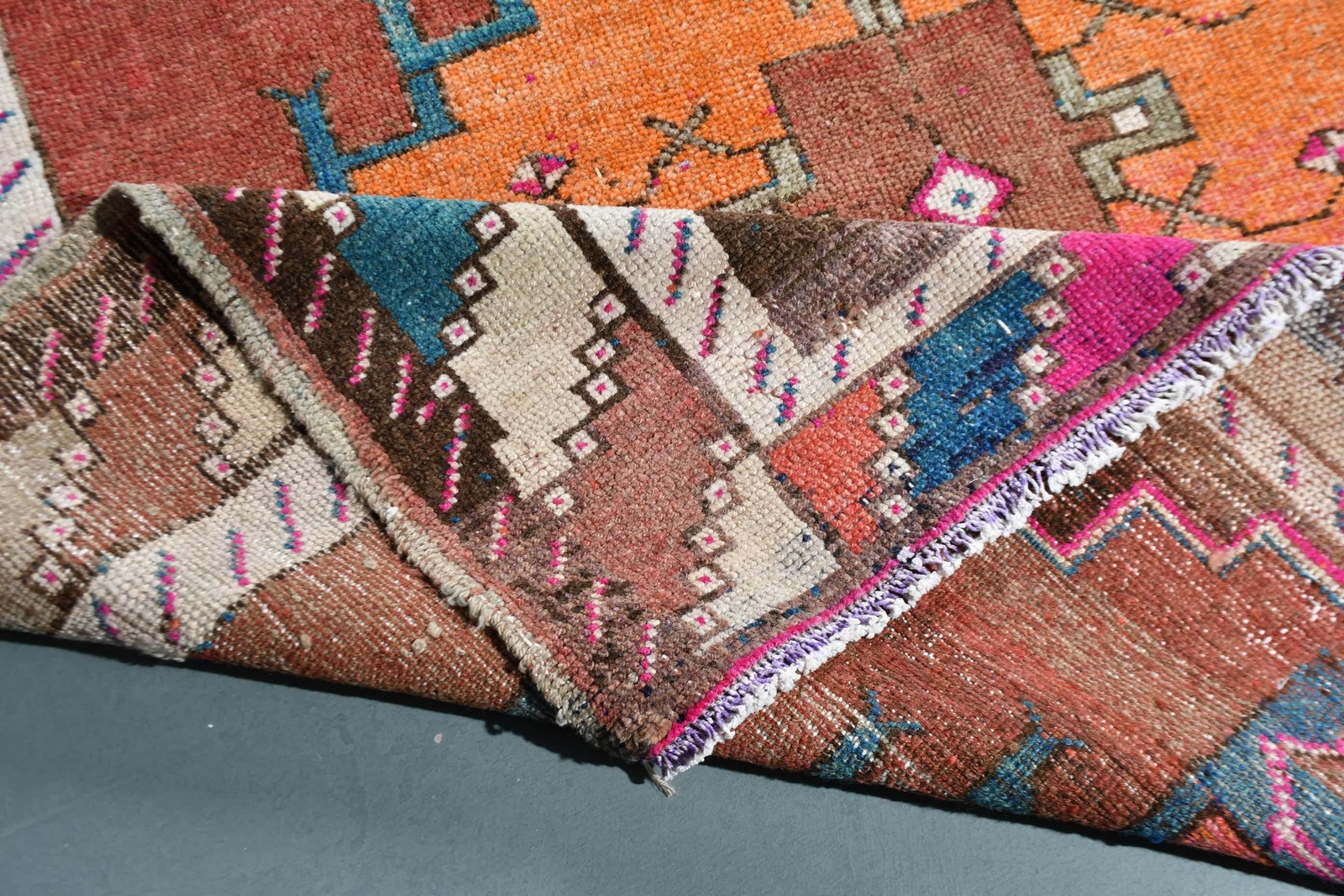 Turkish Rug, Large 5×12,2 ft Vintage Rug, Brown Orange Bordered Wool Rug
