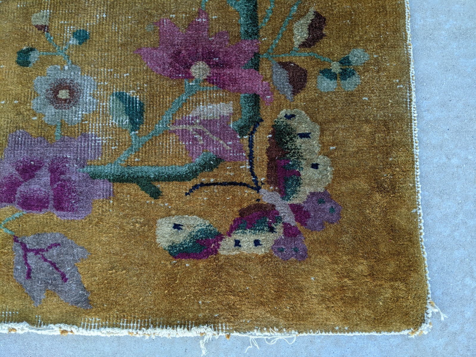 Antique Floral Deco Nichols Hand knotted Rug Butterfly 55” X 35” China 1930s Gld