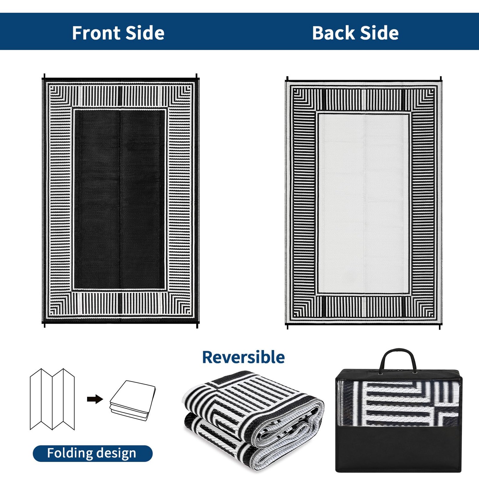 Waterproof Patio Rugs Foldable Striped Travel Mat 8×10/ 9×12/9×18/10×14/10×20 FT