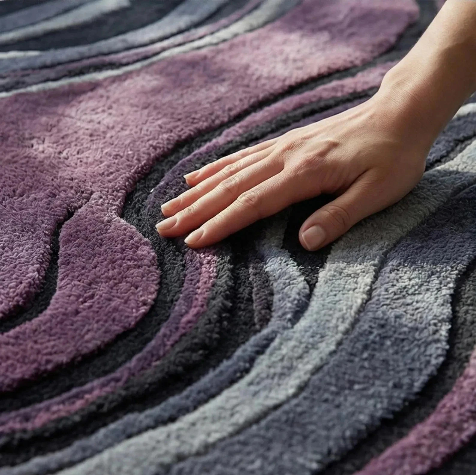 Modern Solid Purple Area Rug | Deep Aubergine Charcoal Organic Swirl Living Room