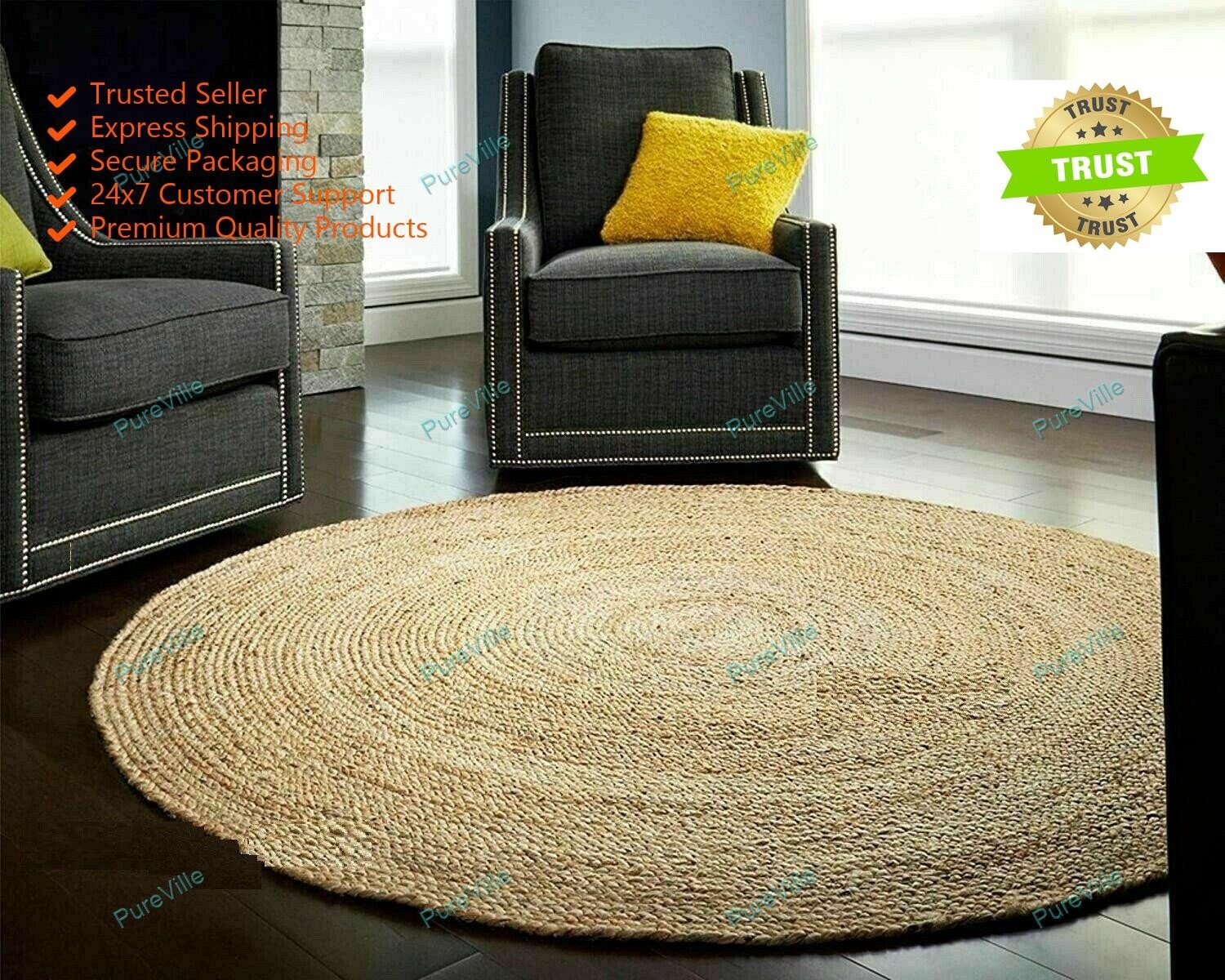 Handmade Indian Jute Area Rugs 4 x 4 Feet Round Bohemian Carpet Hand Woven
