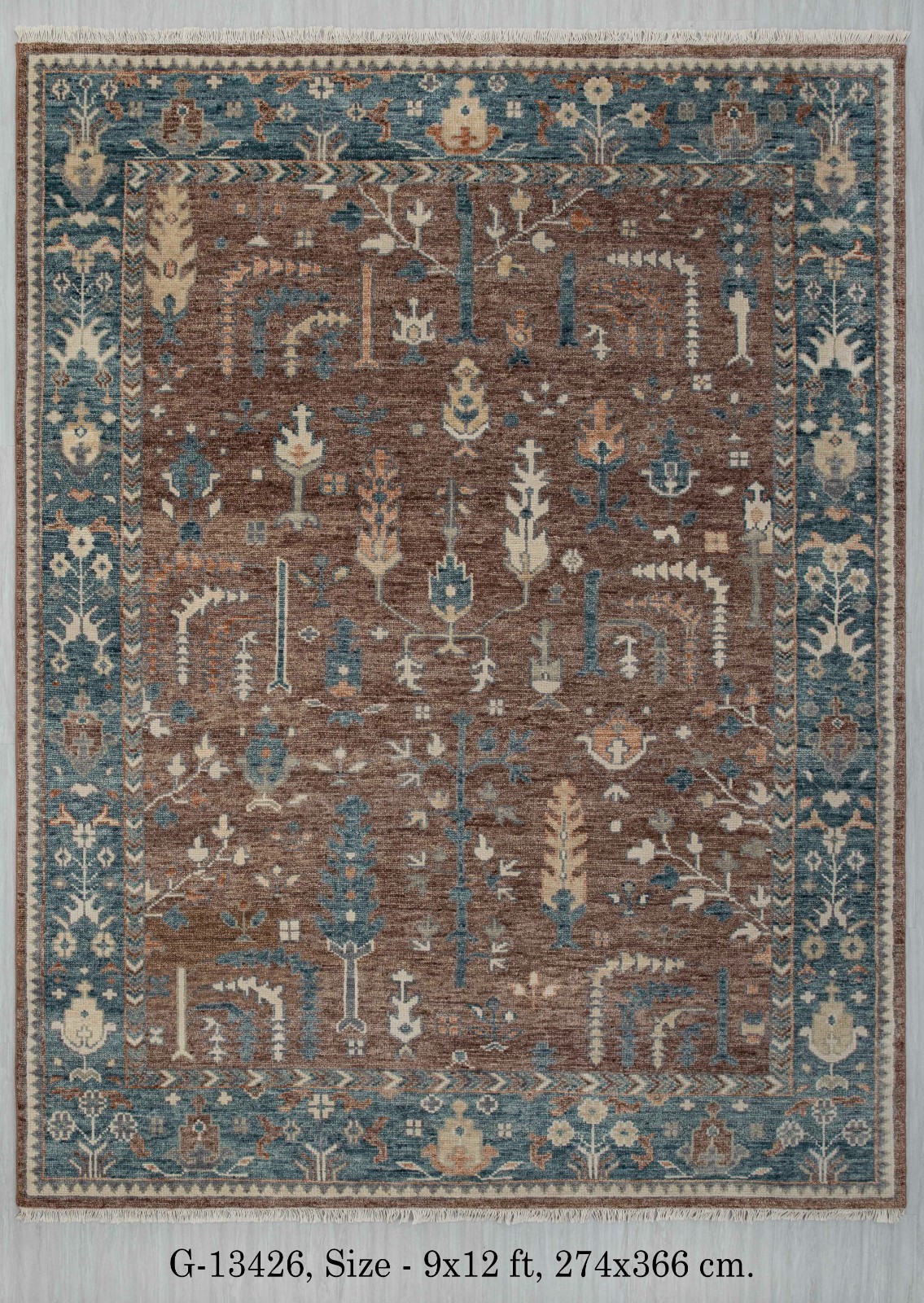 9×12 Brown Blue Cypress Tree Design Hand Knotted Soft Wool Persiann Oushak Rug