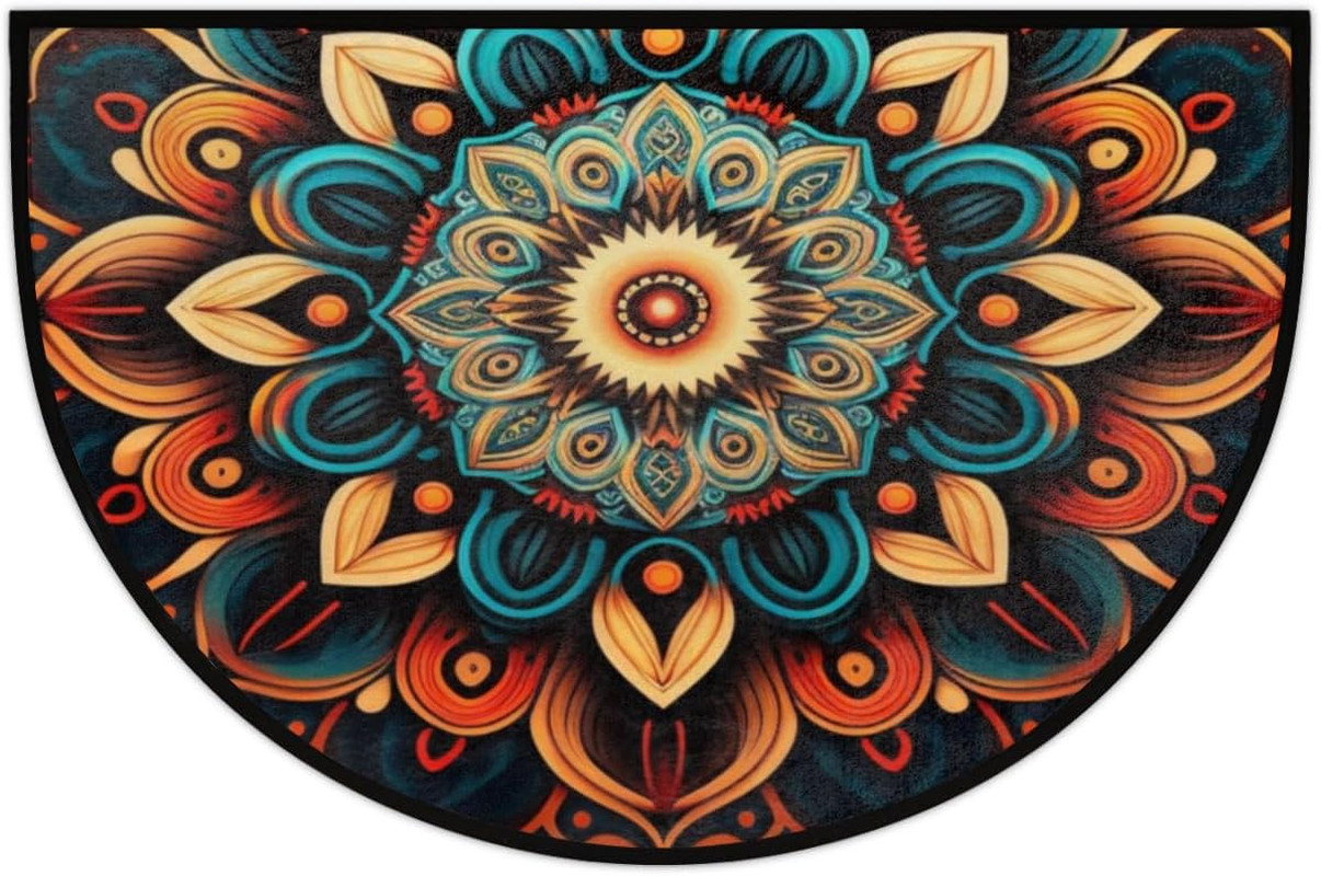 Bohemian Flower Half round Doormat Boho Floral Washable Semi Circle Area Rug Non