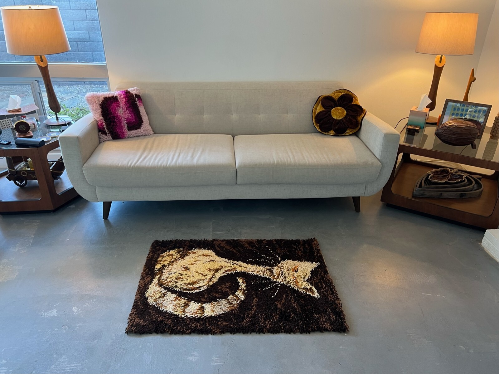 1960’s AIDA Brown Beige Cat Tapestry UNUSED Modern Mid Century Rya Rug Wool