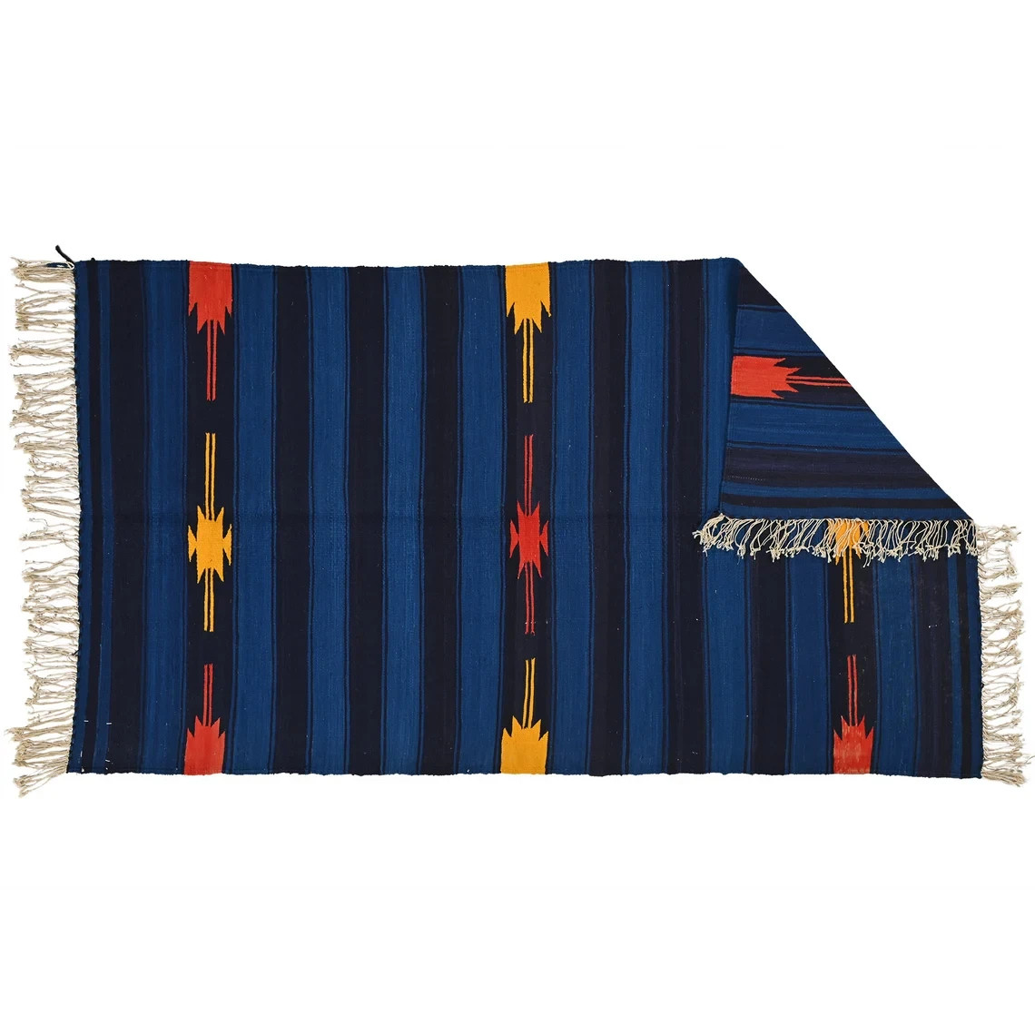 Blue Tribal Punjabi Dhurrie Rug Handmade Cotton Flat Weave Boho Area Rug 3.3×6