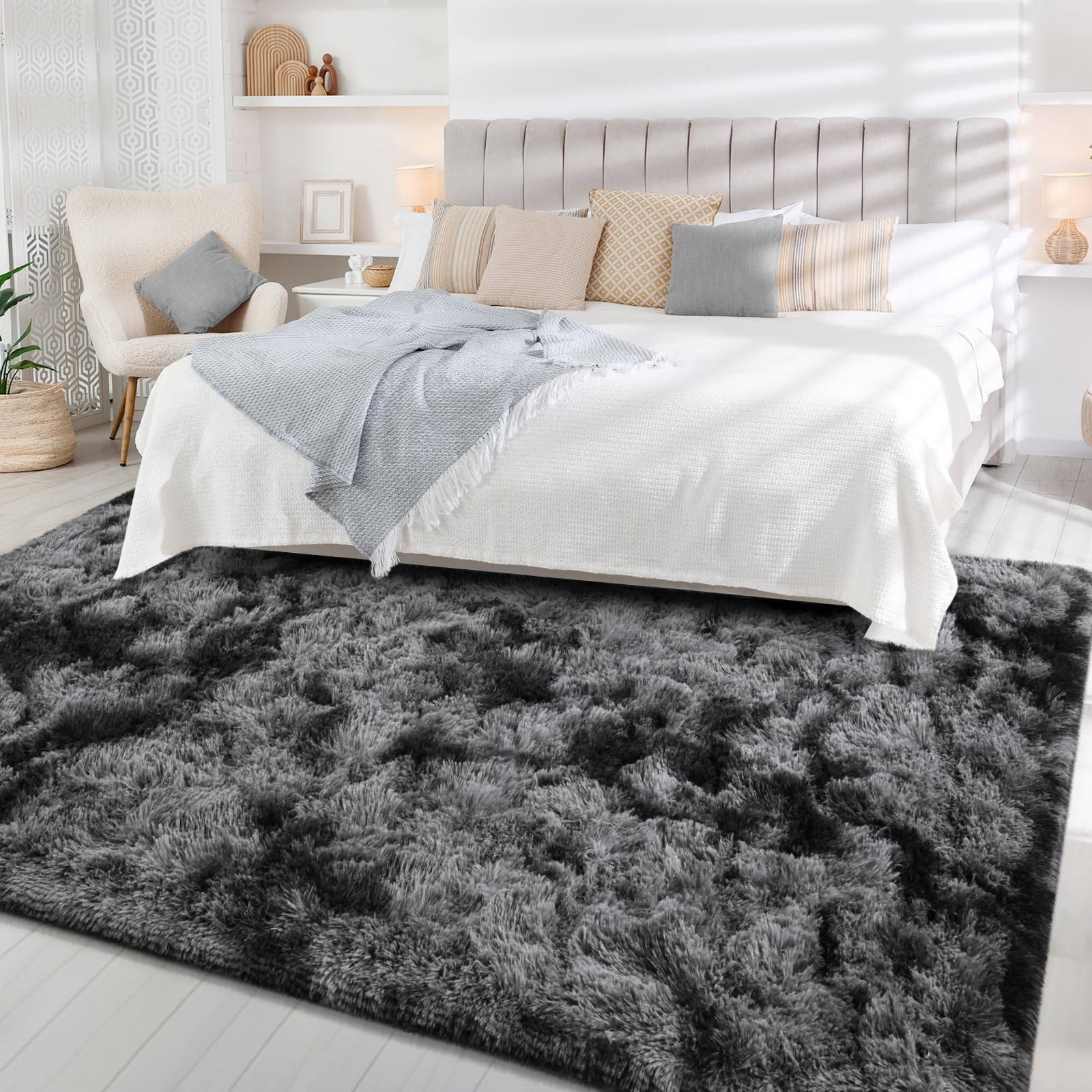FlyDOIT Large Area Rugs for 4′ x 6′ (Rectangular), Tie-dyed Black and Grey