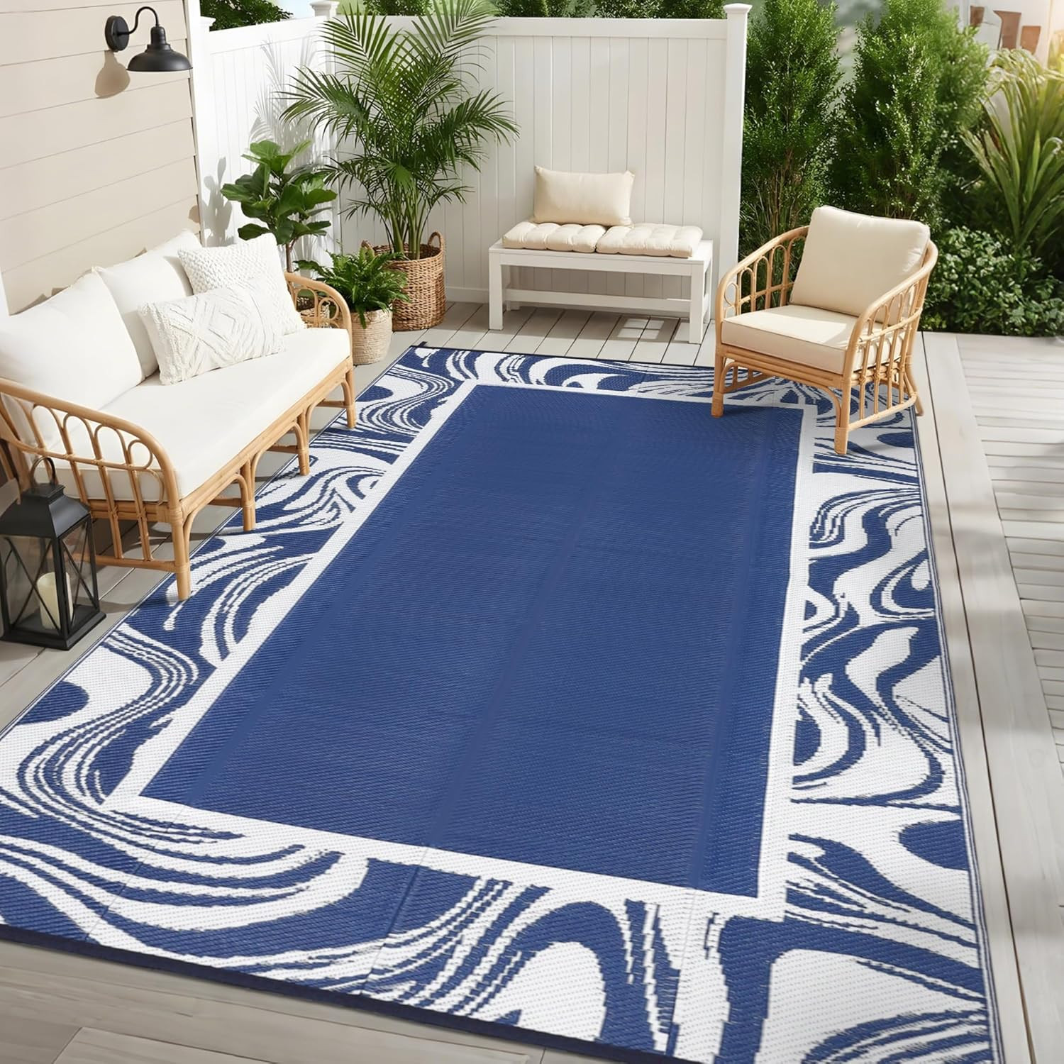 Outdoor Rug 5X8 Modern Bordered Patio Rug Foldable Plastic Straw Rugs Waterproof