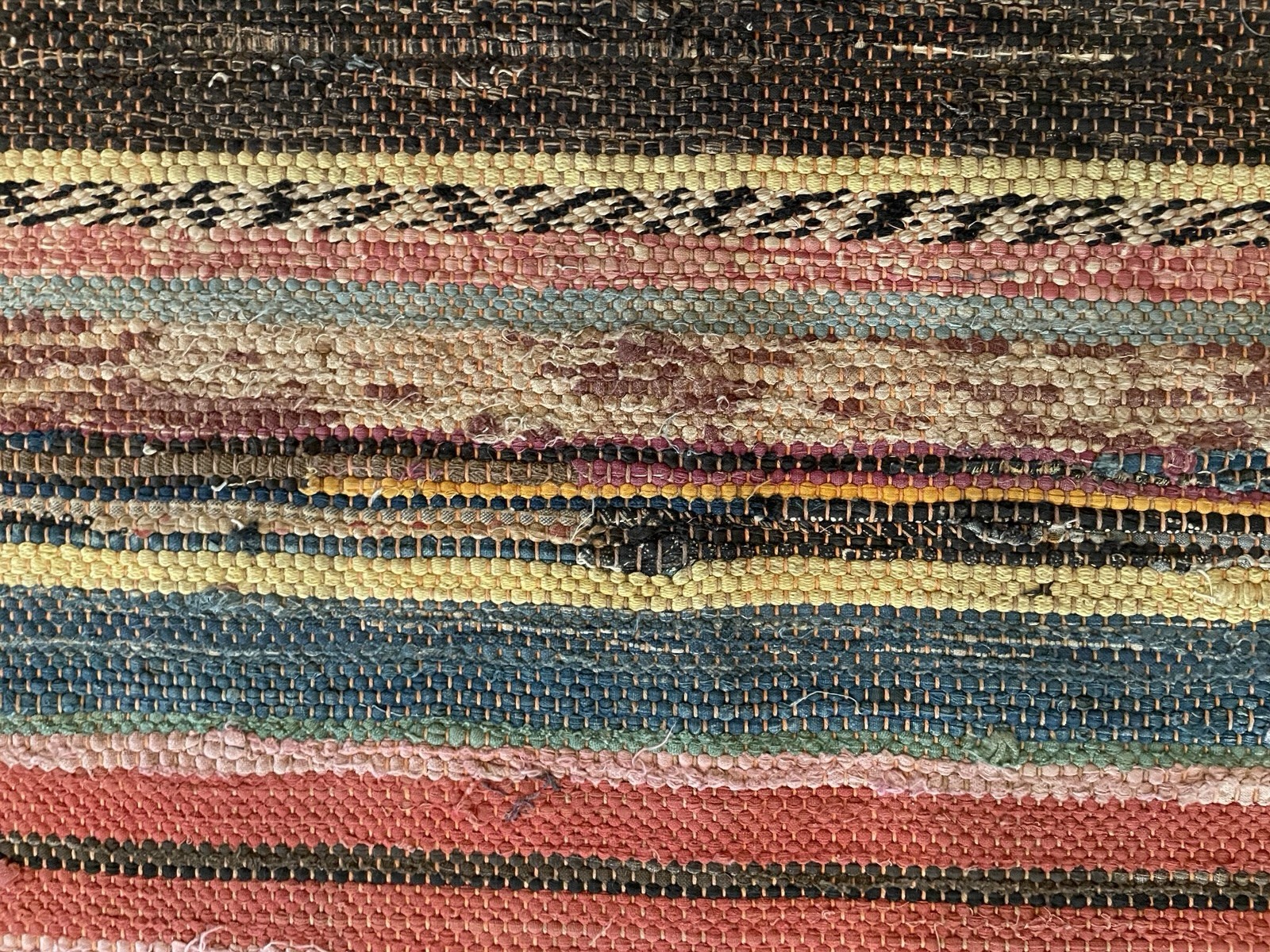 VTG Handmade Woven MCM Rag Rug 89×31 Farmhouse Country Blue Red Black Brown