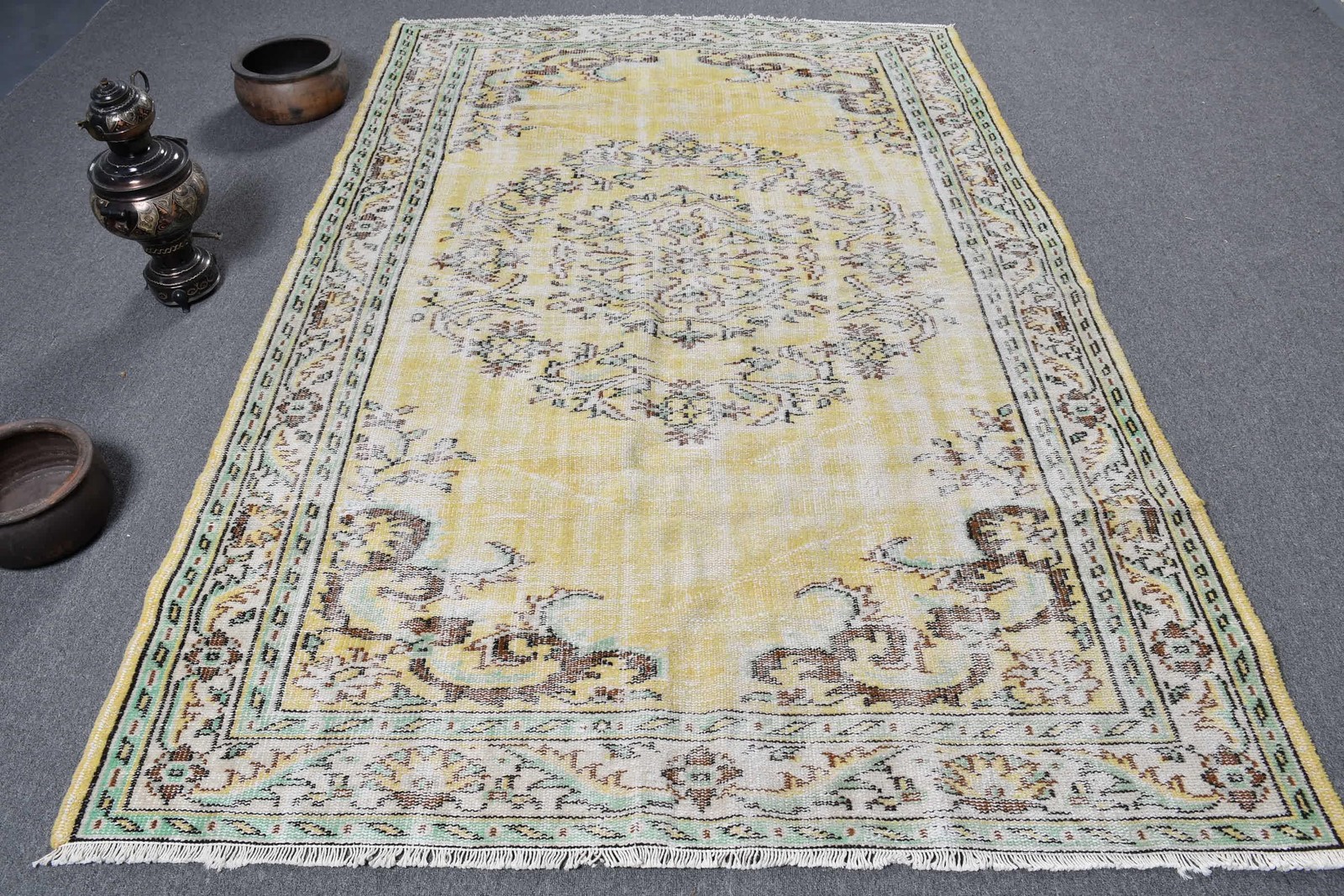 5,6×8,5 ft Rug, Vintage Turkish Rug, Yellow Ikat Rug
