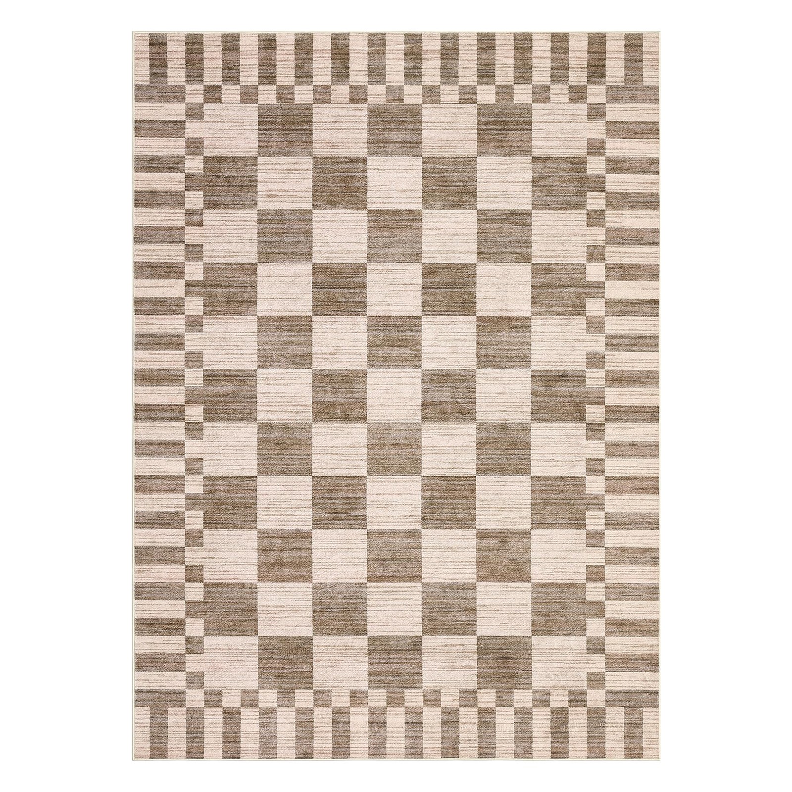 8×10 Area Rug Machine Washable Modern Brown Checkered Non-Slip – Living Room