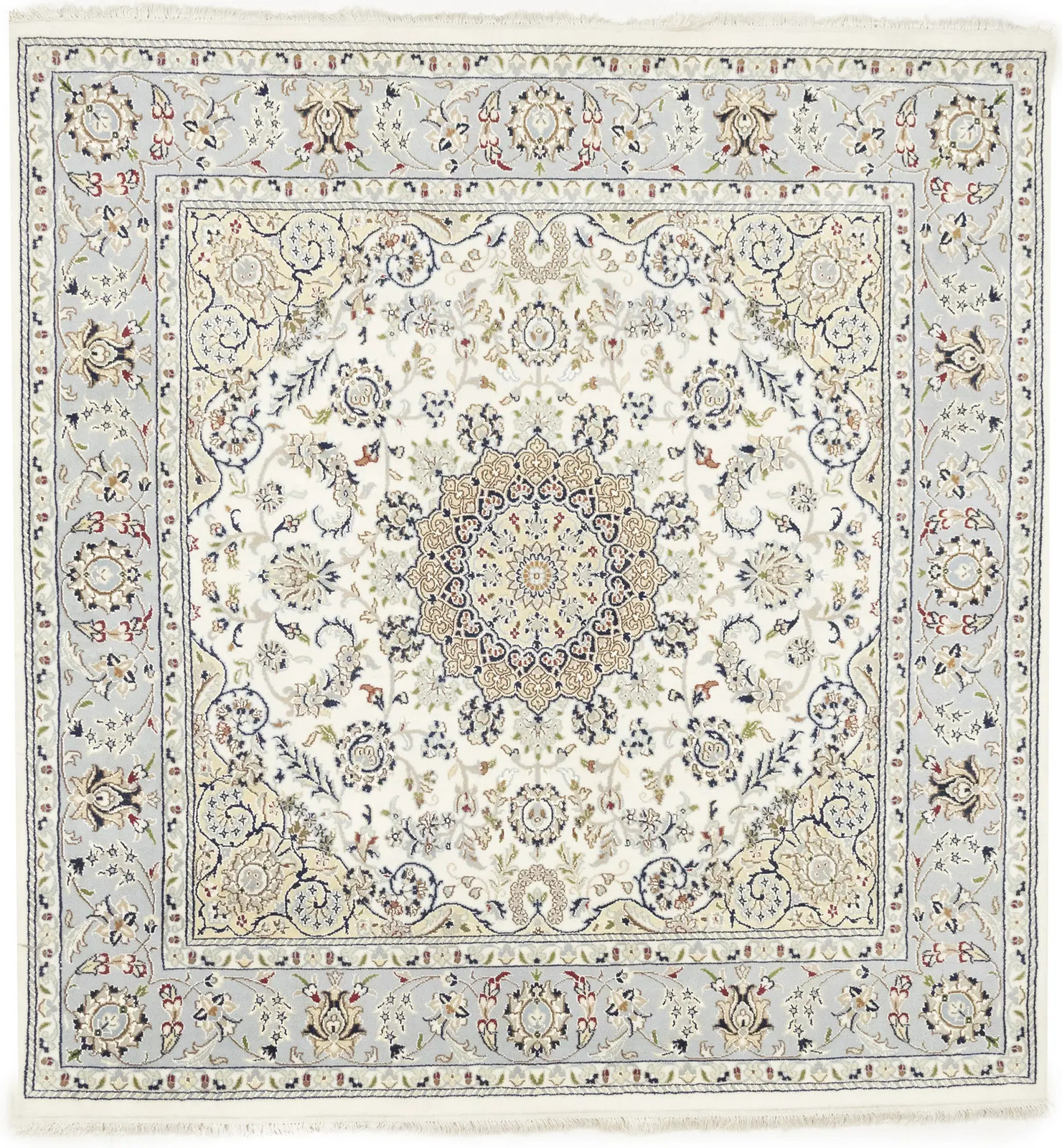 Floral Indo-Nain Wool Oriental Rug 6X6 ft Hand-Knotted Cream Square Carpet